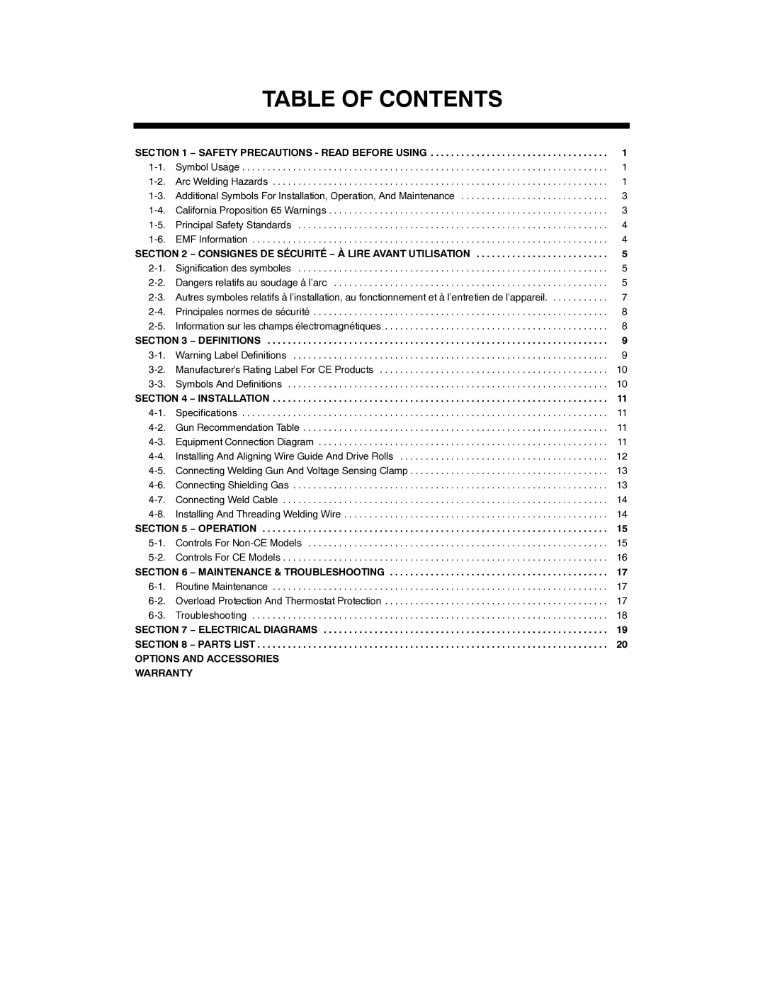 Miller Electric SuitCase 8VS manual Table of Contents 