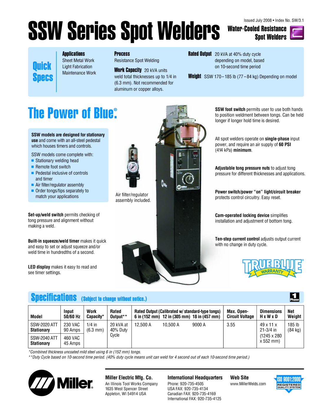 Miller Electric SW3 specifications Miller Electric Mfg. Co, Web Site 