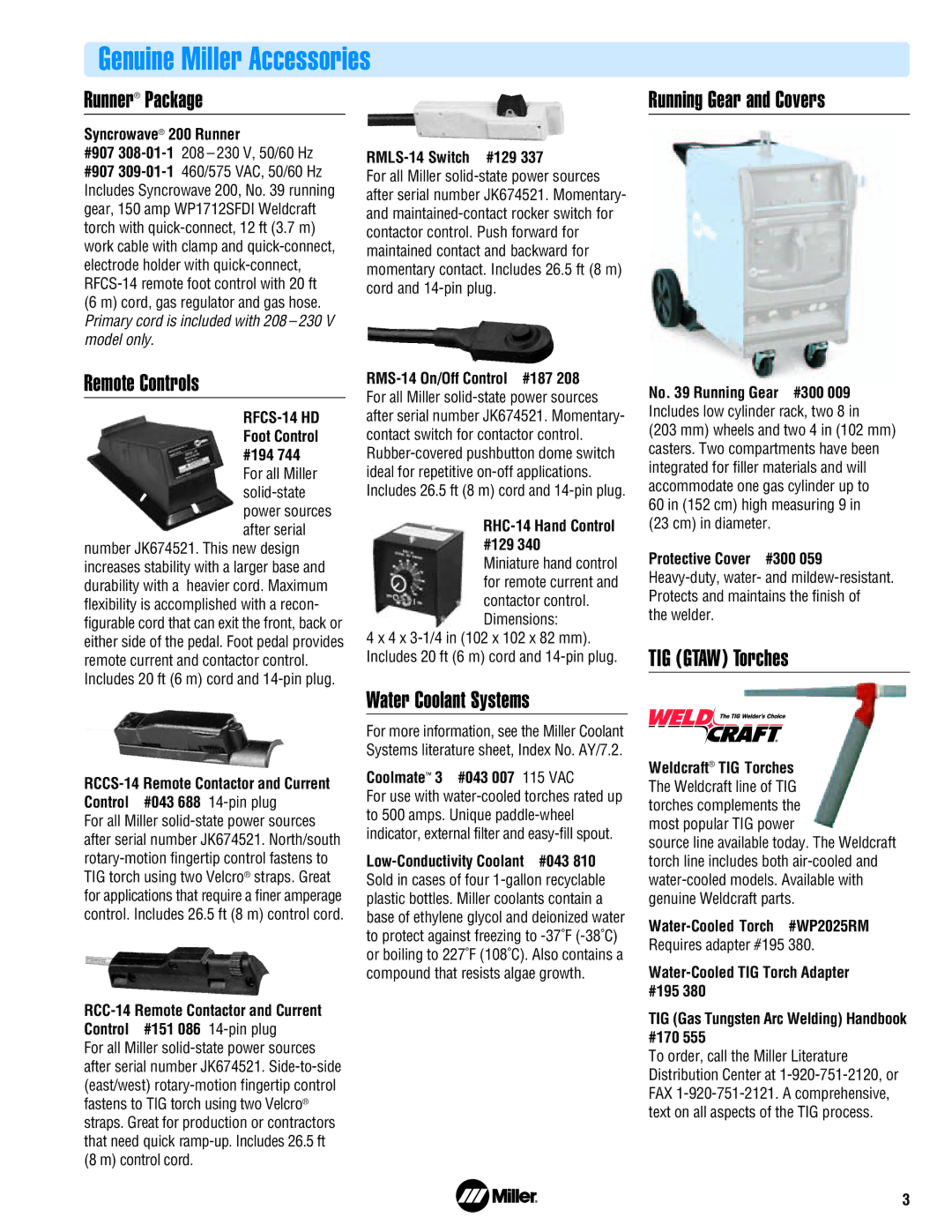 Miller Electric Syncrowave 200 manual Genuine Miller Accessories, Runner Package, Running Gear and Covers Remote Controls 