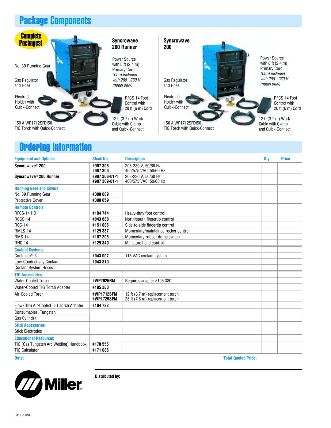 Miller Electric Syncrowave 200 manual Ordering Information, Complete Packages, Syncrowave Runner 