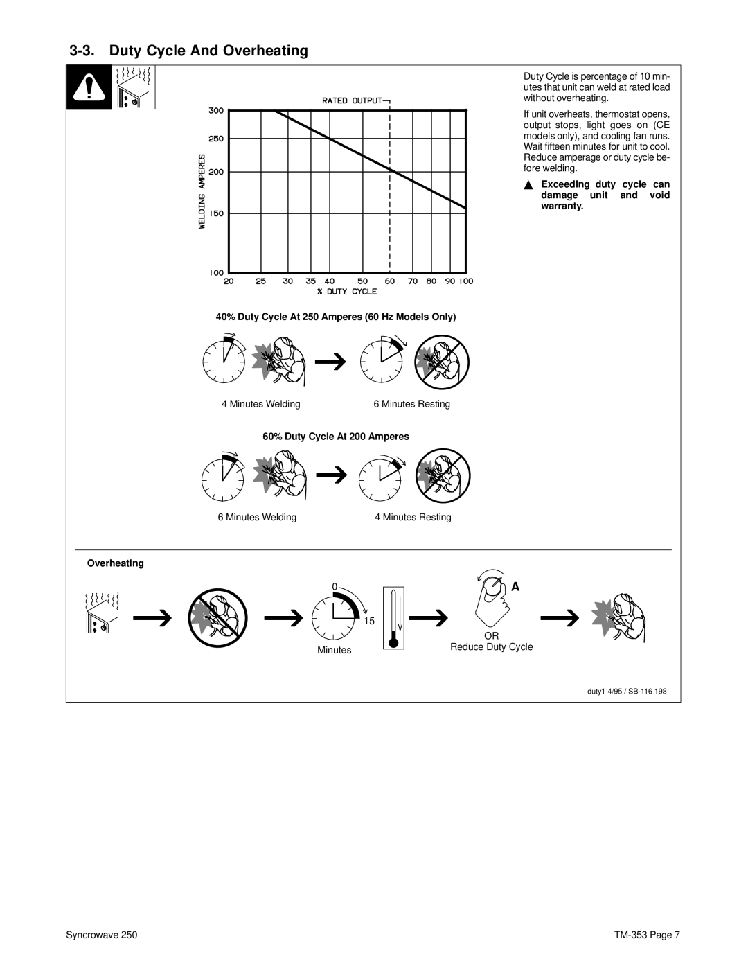 Miller Electric TM-353E manual Duty Cycle And Overheating, 60% Duty Cycle At 200 Amperes 