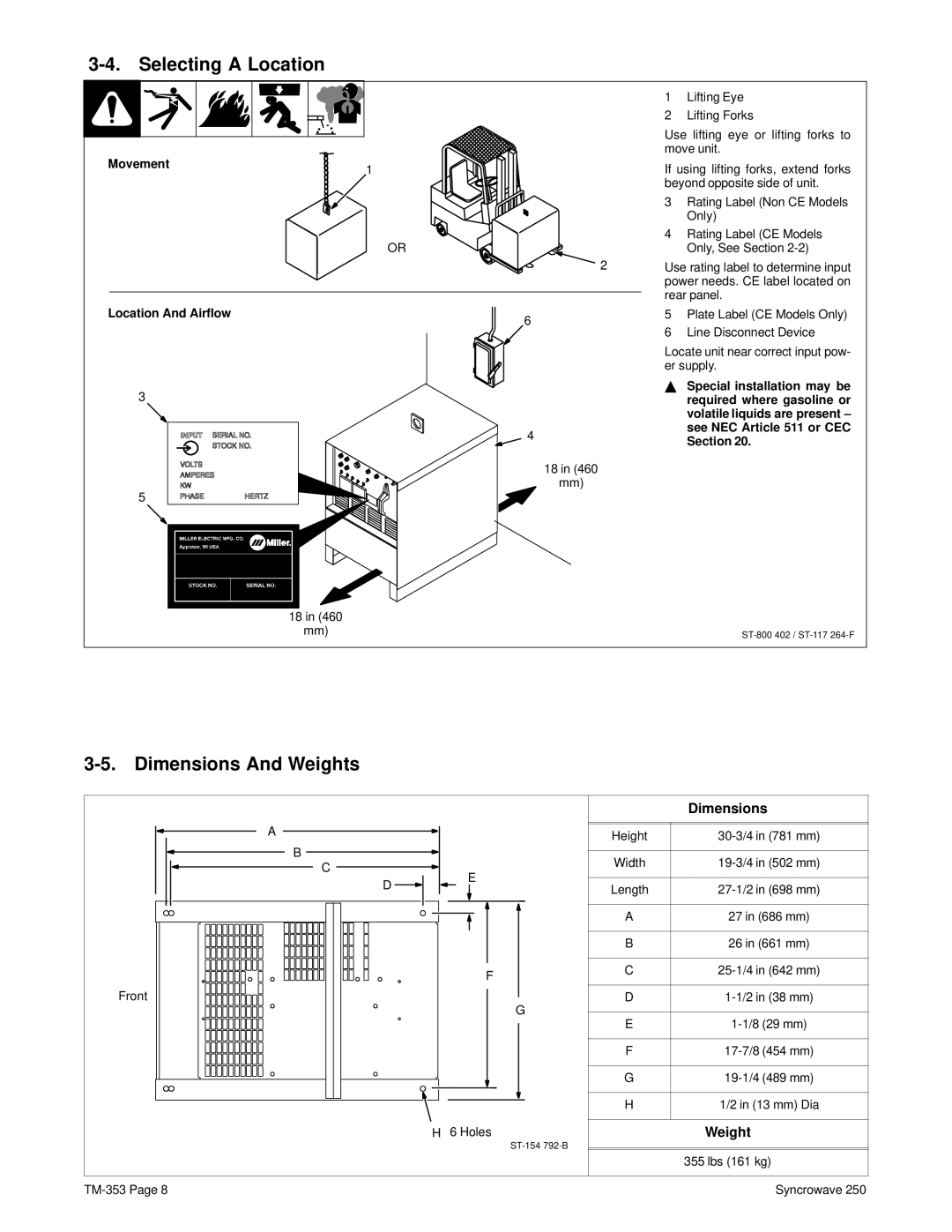 Miller Electric TM-353E manual Selecting a Location, Dimensions And Weights, Movement Location And Airflow 