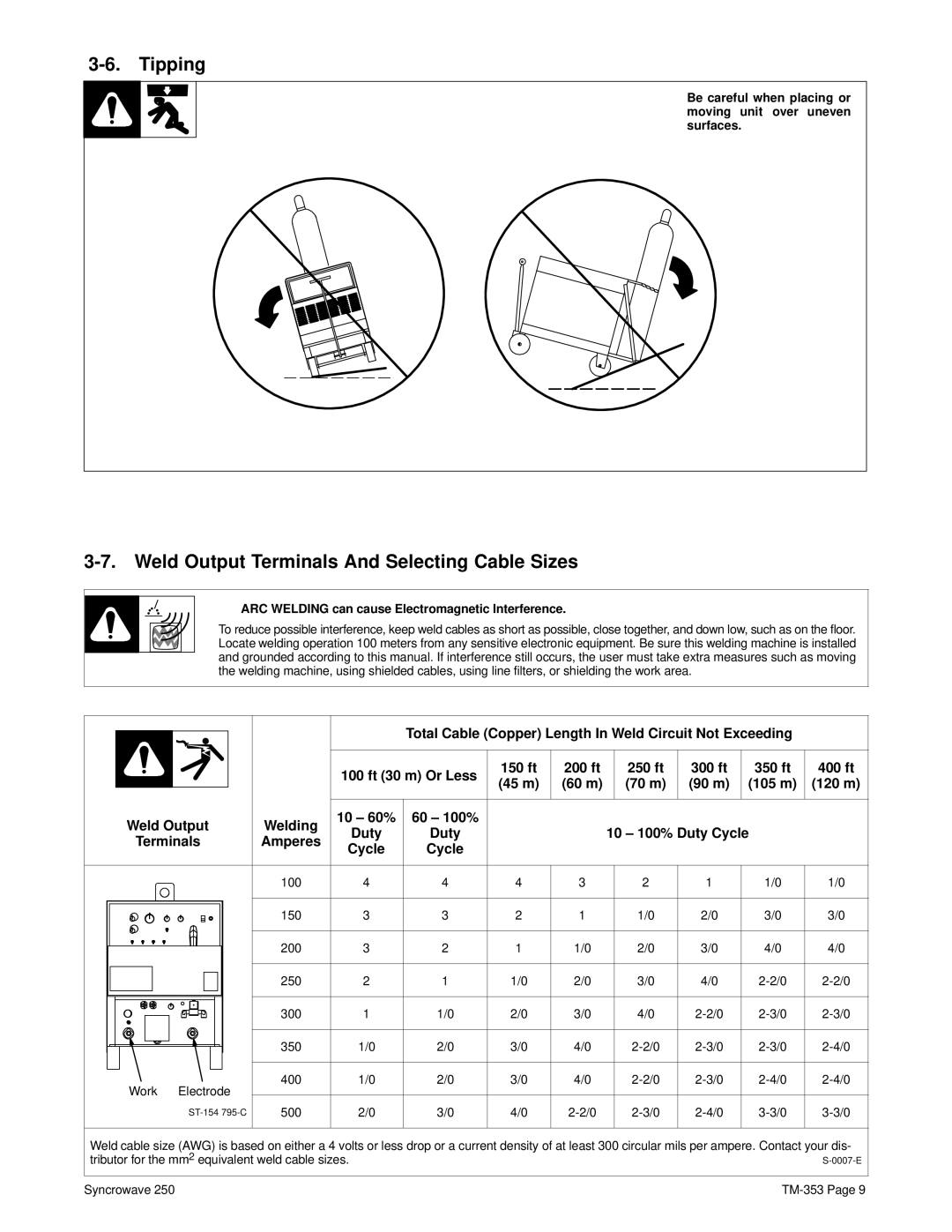 Miller Electric TM-353E manual Tipping, Weld Output Terminals And Selecting Cable Sizes 