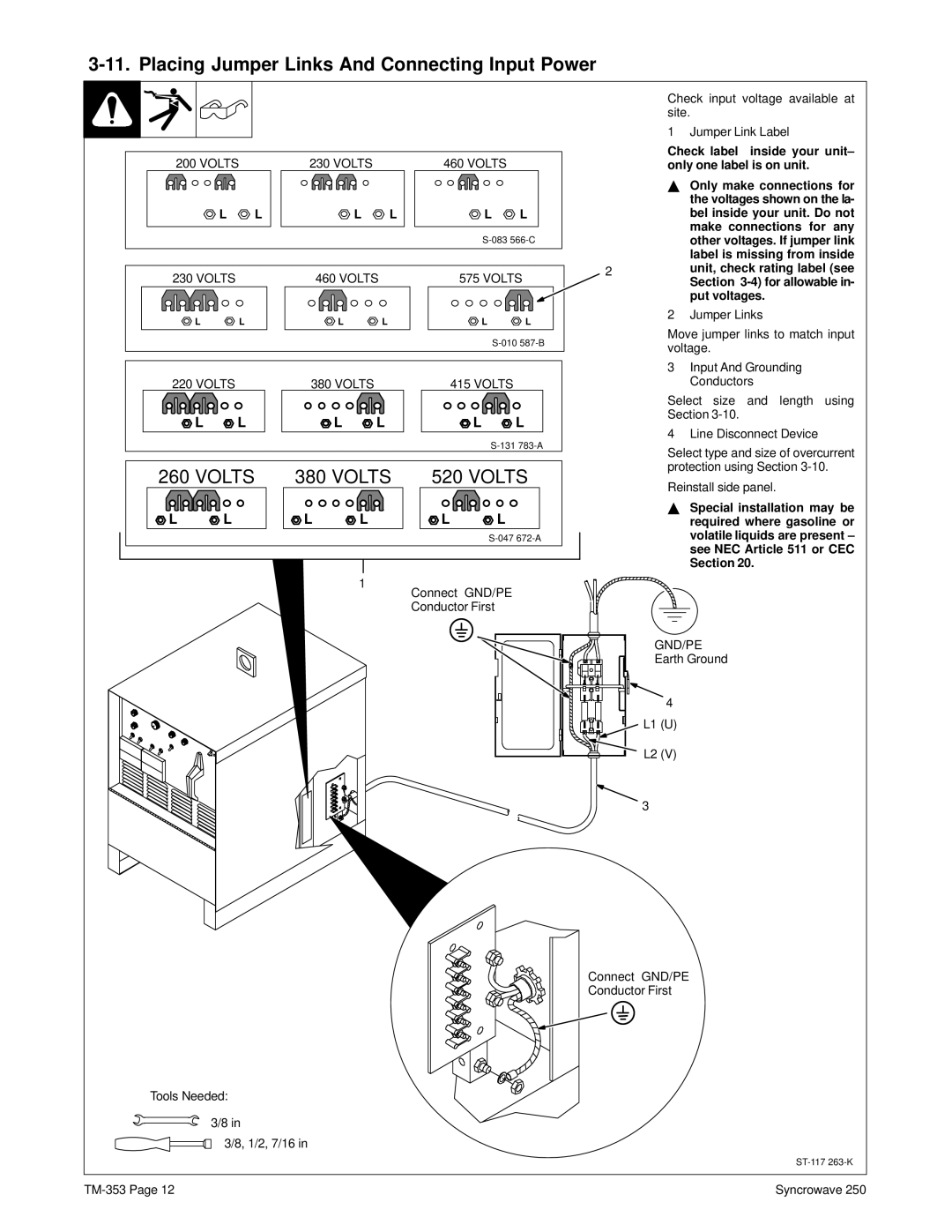 Miller Electric TM-353E manual Placing Jumper Links And Connecting Input Power 