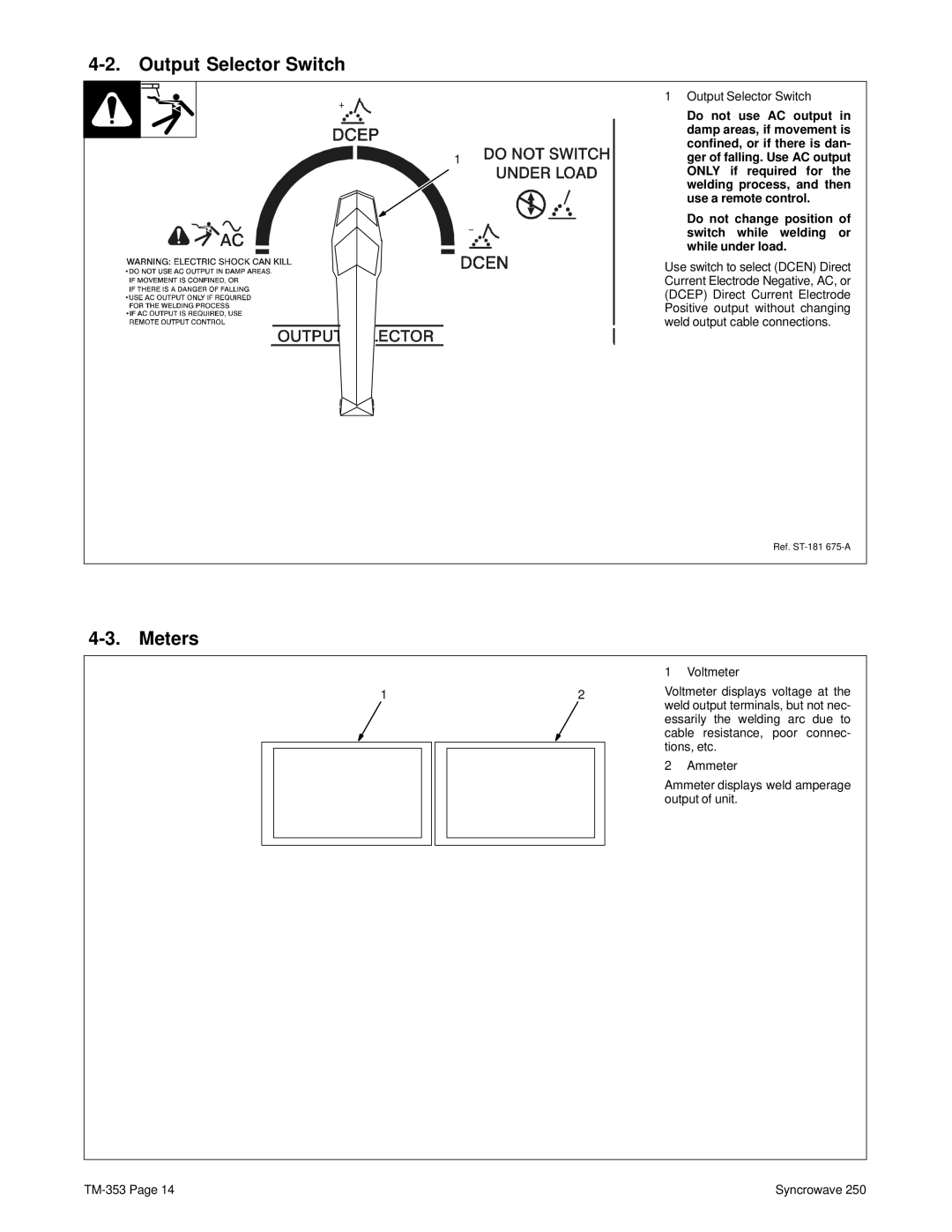 Miller Electric TM-353E manual Output Selector Switch, Meters 