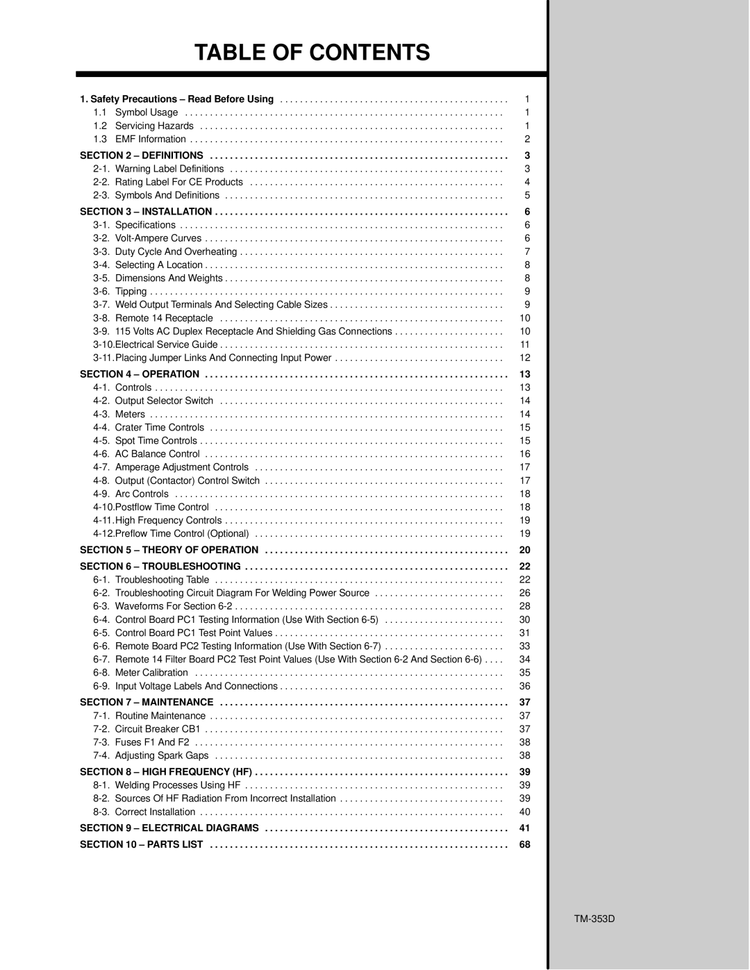 Miller Electric TM-353E manual Table of Contents 