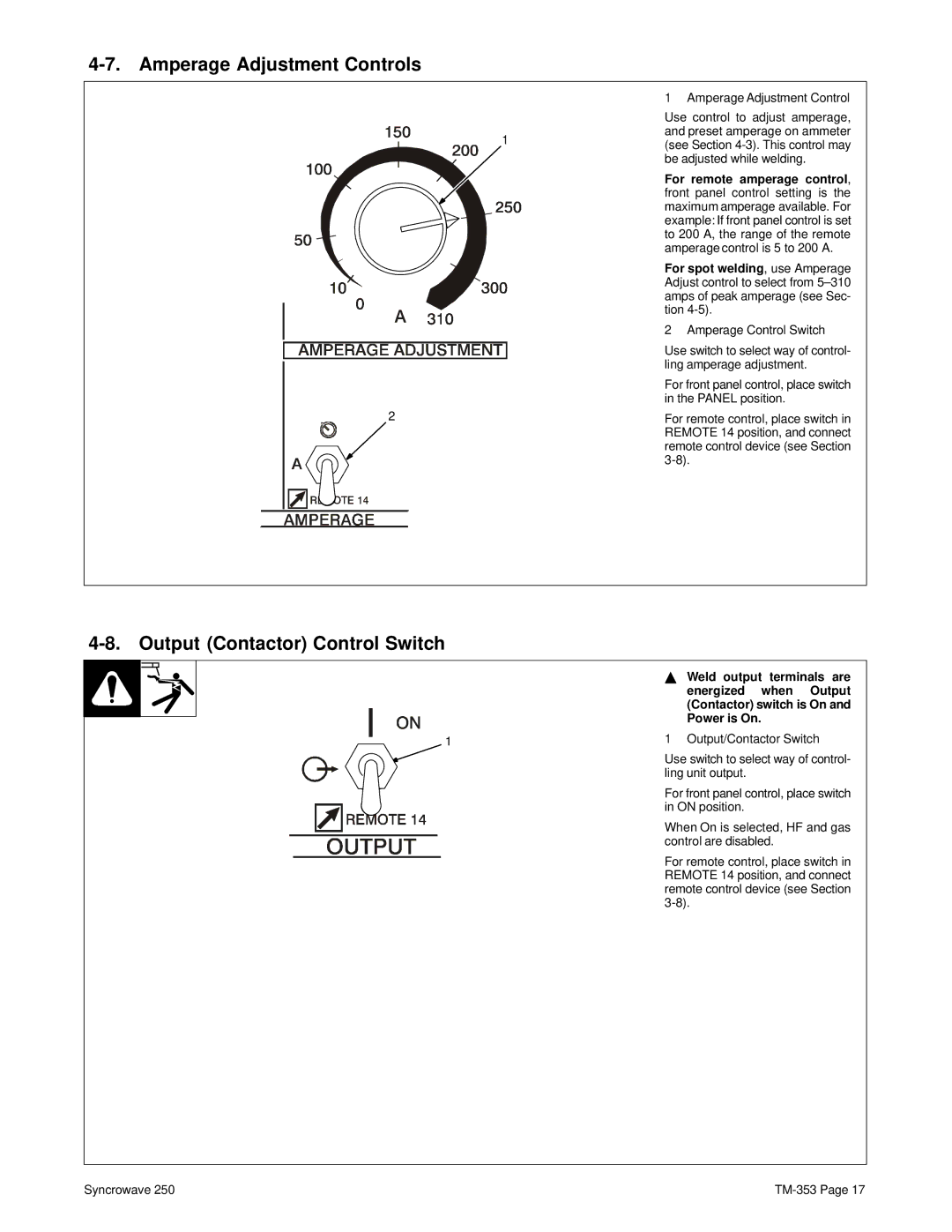 Miller Electric TM-353E manual Amperage Adjustment Controls, Output Contactor Control Switch 