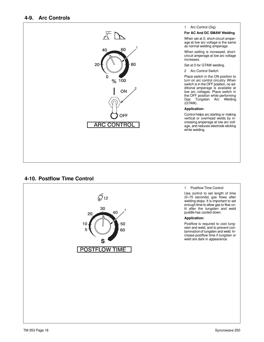 Miller Electric TM-353E manual Arc Controls, Postflow Time Control, For AC And DC Smaw Welding 