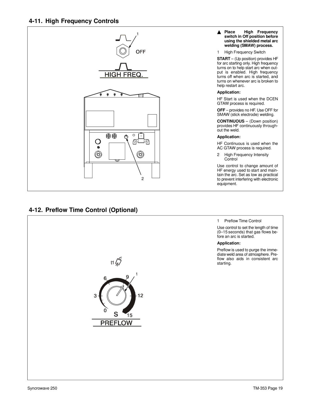 Miller Electric TM-353E manual High Frequency Controls, Preflow Time Control Optional 