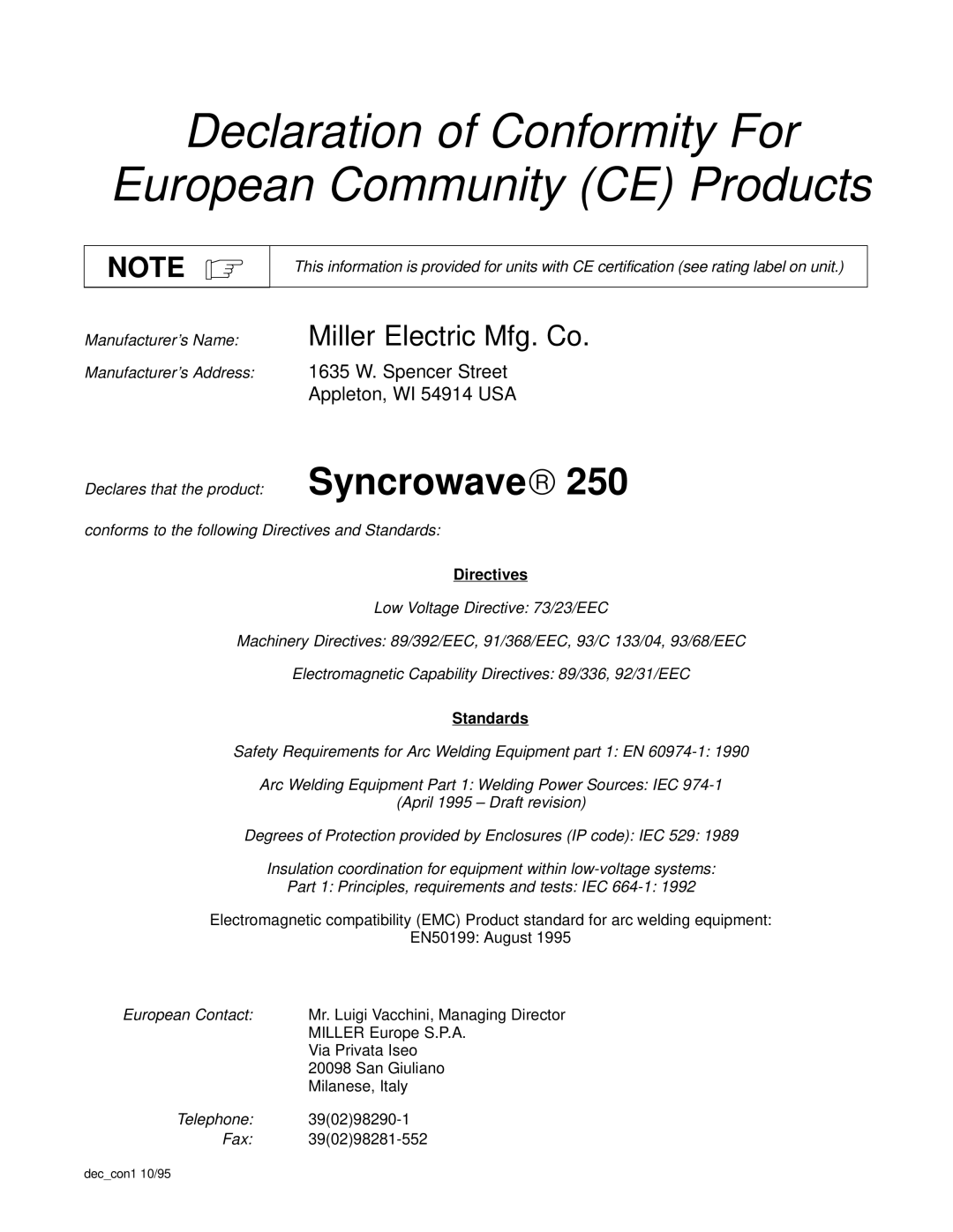 Miller Electric TM-353E manual Declaration of Conformity For European Community CE Products 