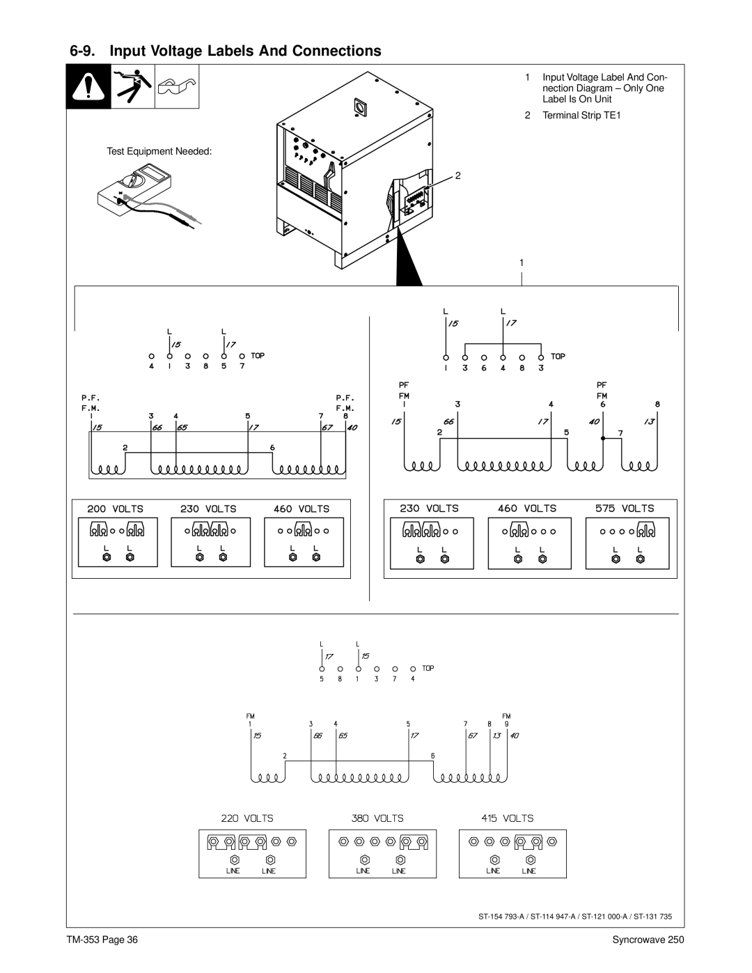 Miller Electric TM-353E manual Input Voltage Labels And Connections 