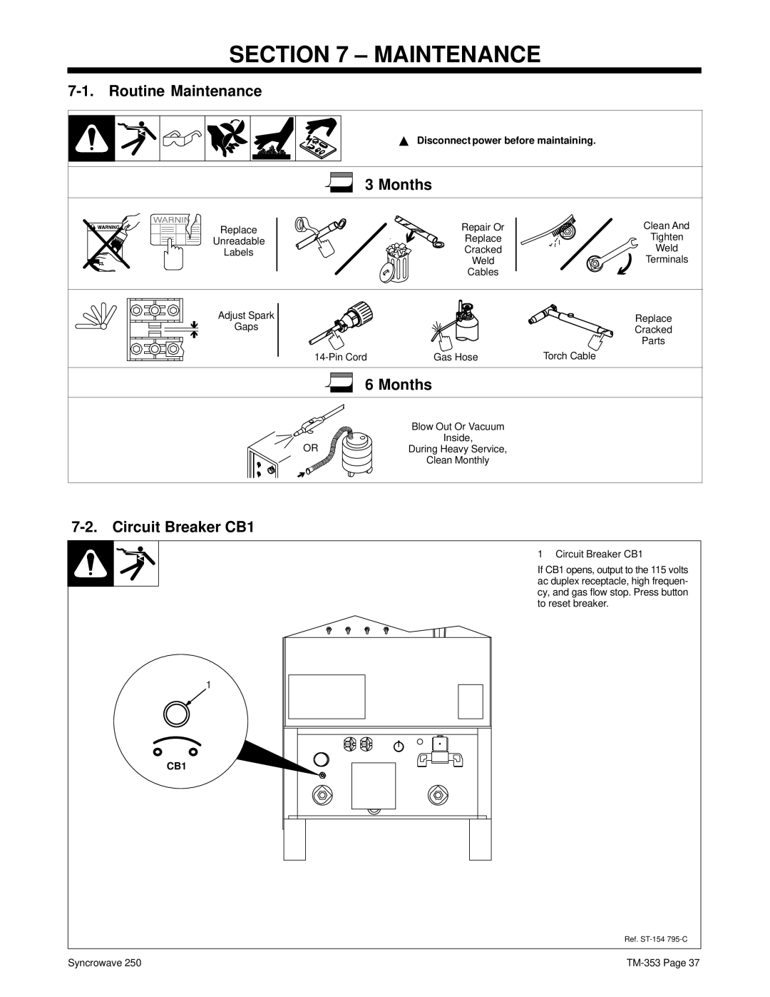 Miller Electric TM-353E manual Routine Maintenance, Months, Circuit Breaker CB1 