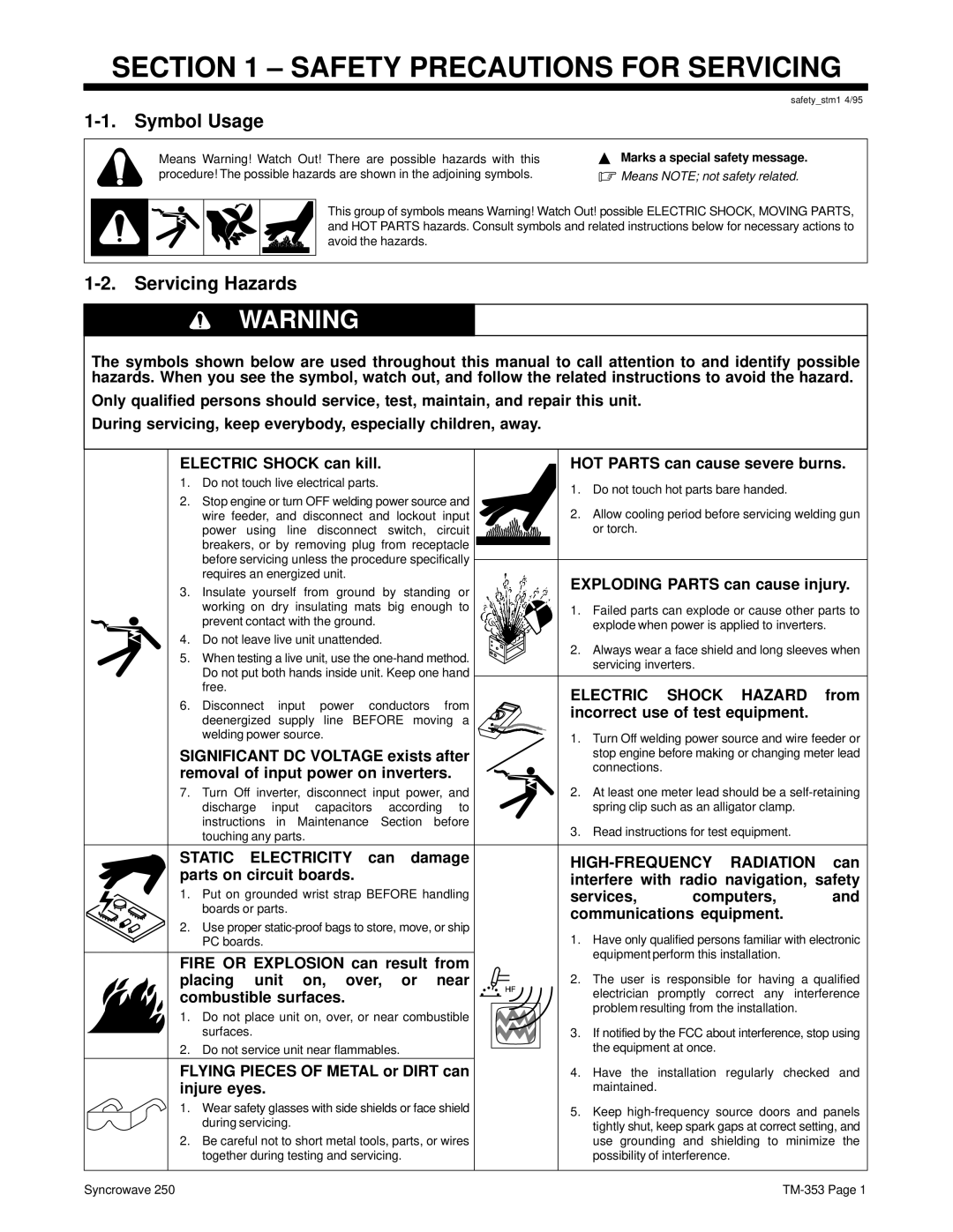 Miller Electric TM-353E Safety Precautions for Servicing, Symbol Usage, Servicing Hazards, Marks a special safety message 