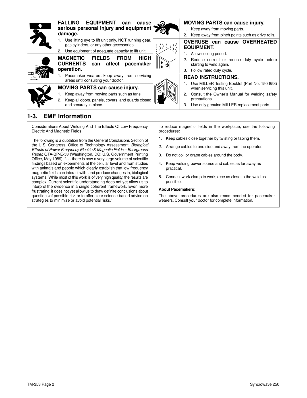 Miller Electric TM-353E manual EMF Information, About Pacemakers 