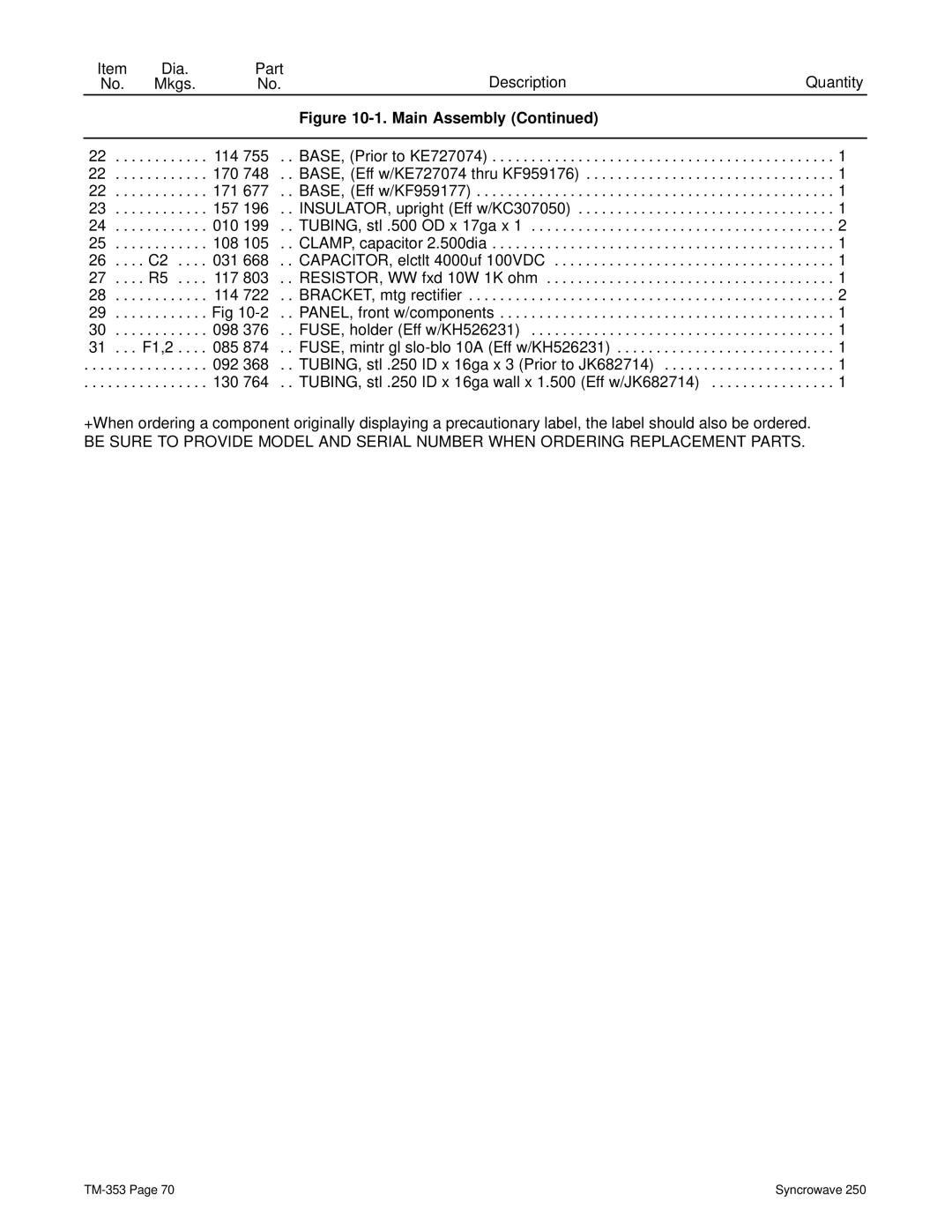 Miller Electric TM-353E manual BASE, Prior to KE727074 170 