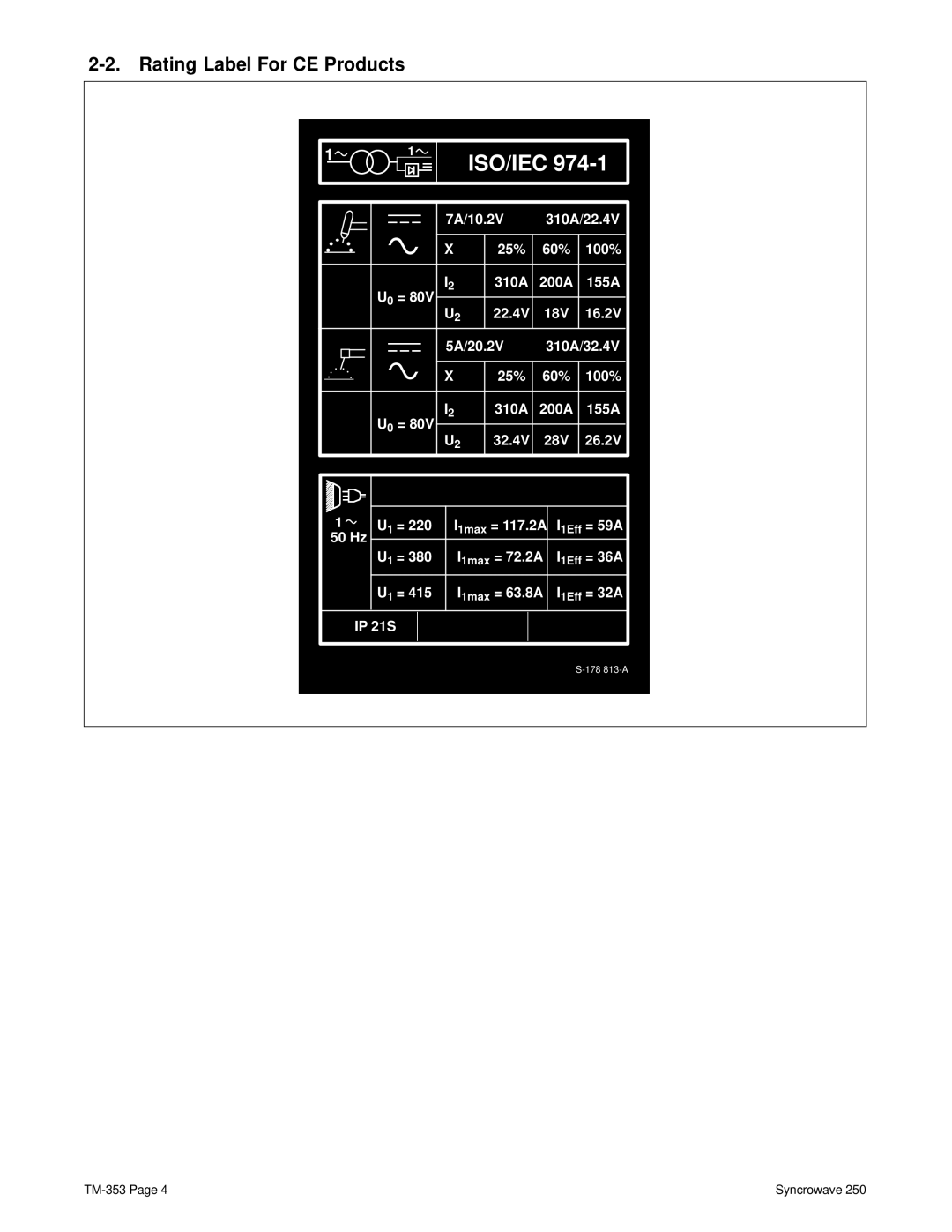 Miller Electric TM-353E manual Iso/Iec, Rating Label For CE Products 