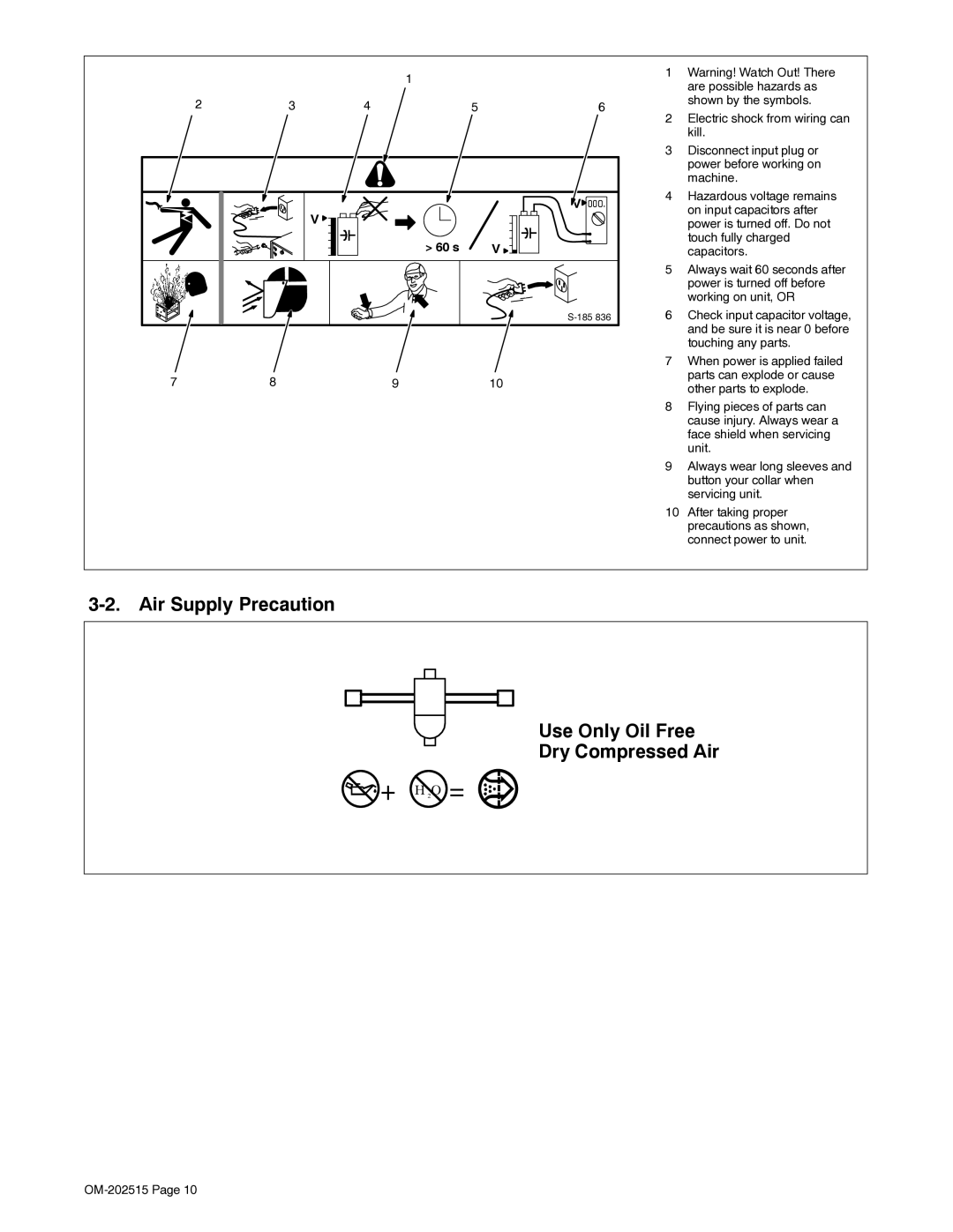 Miller Electric UPC 838 manual Air Supply Precaution Use Only Oil Free Dry Compressed Air, 60 s 