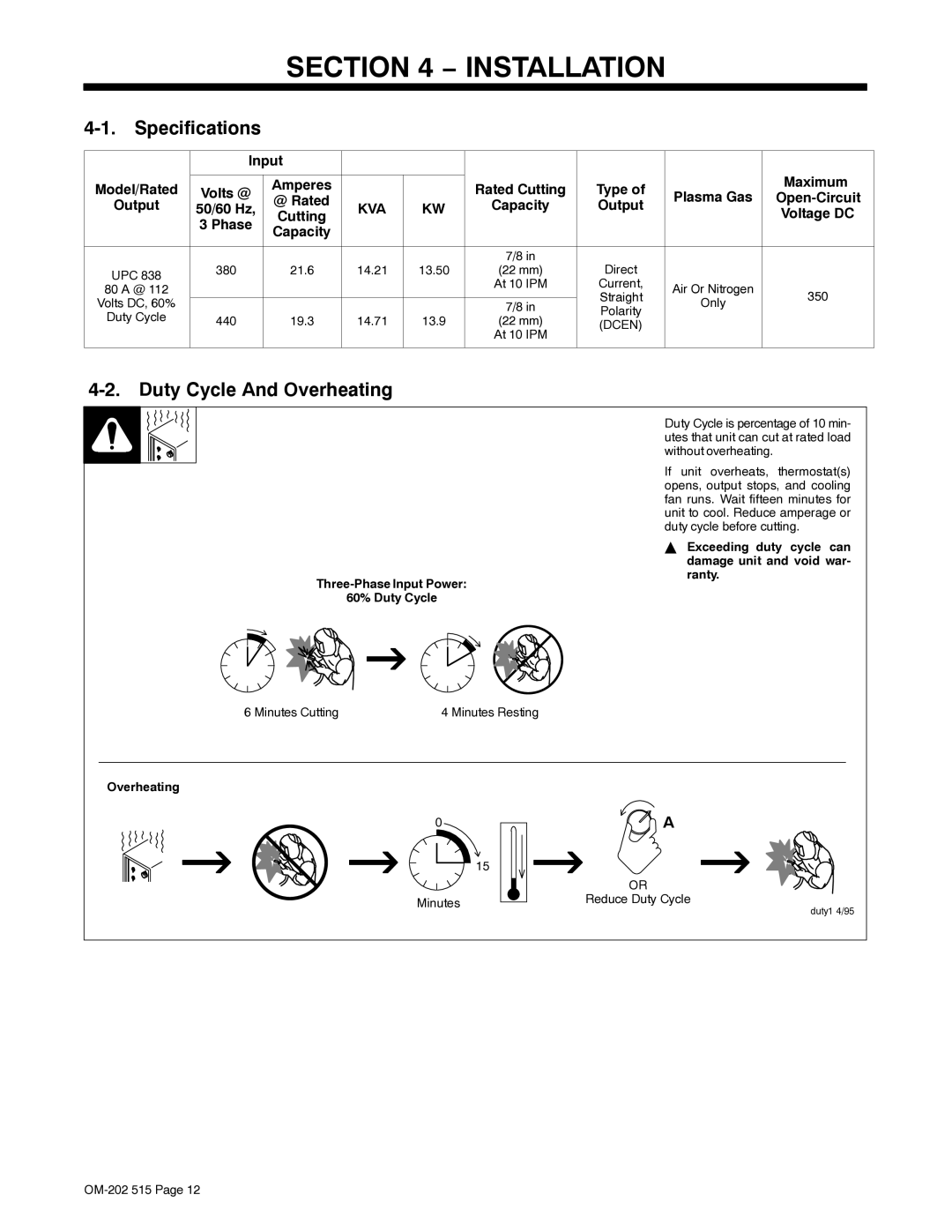 Miller Electric UPC 838 manual Installation, Specifications, Duty Cycle And Overheating 