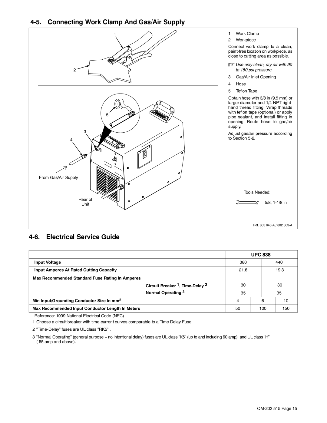 Miller Electric UPC 838 manual Connecting Work Clamp And Gas/Air Supply, Electrical Service Guide, Input Voltage 