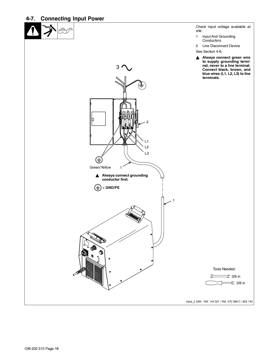 Miller Electric UPC 838 manual Connecting Input Power, = Gnd/Pe 