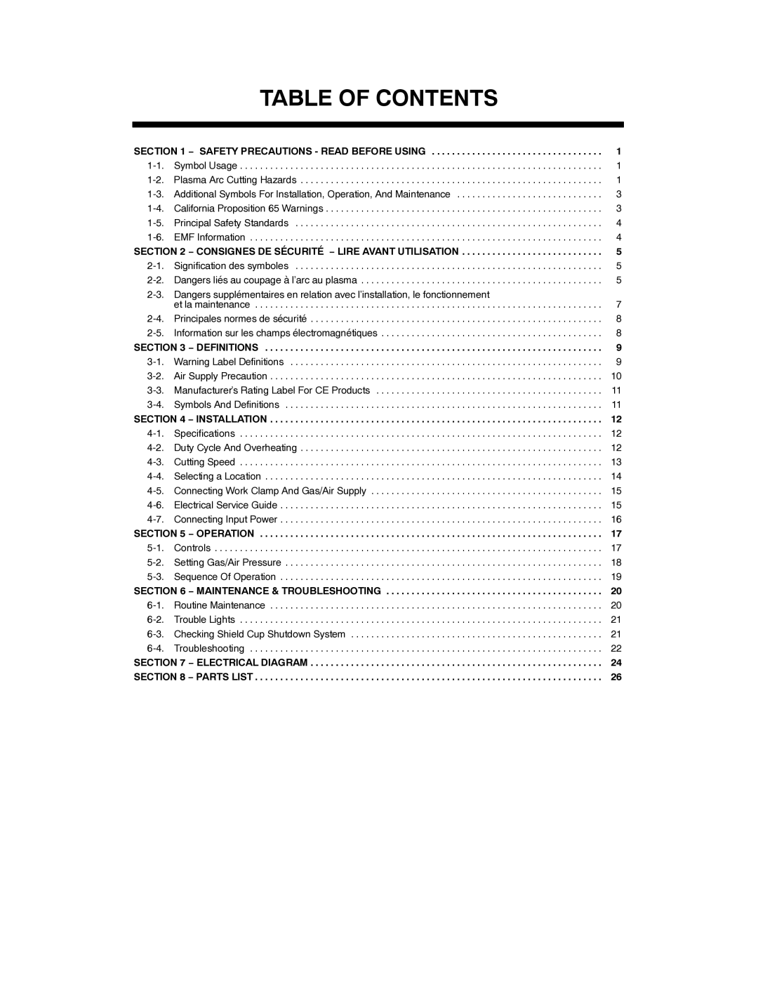 Miller Electric UPC 838 manual Table of Contents 