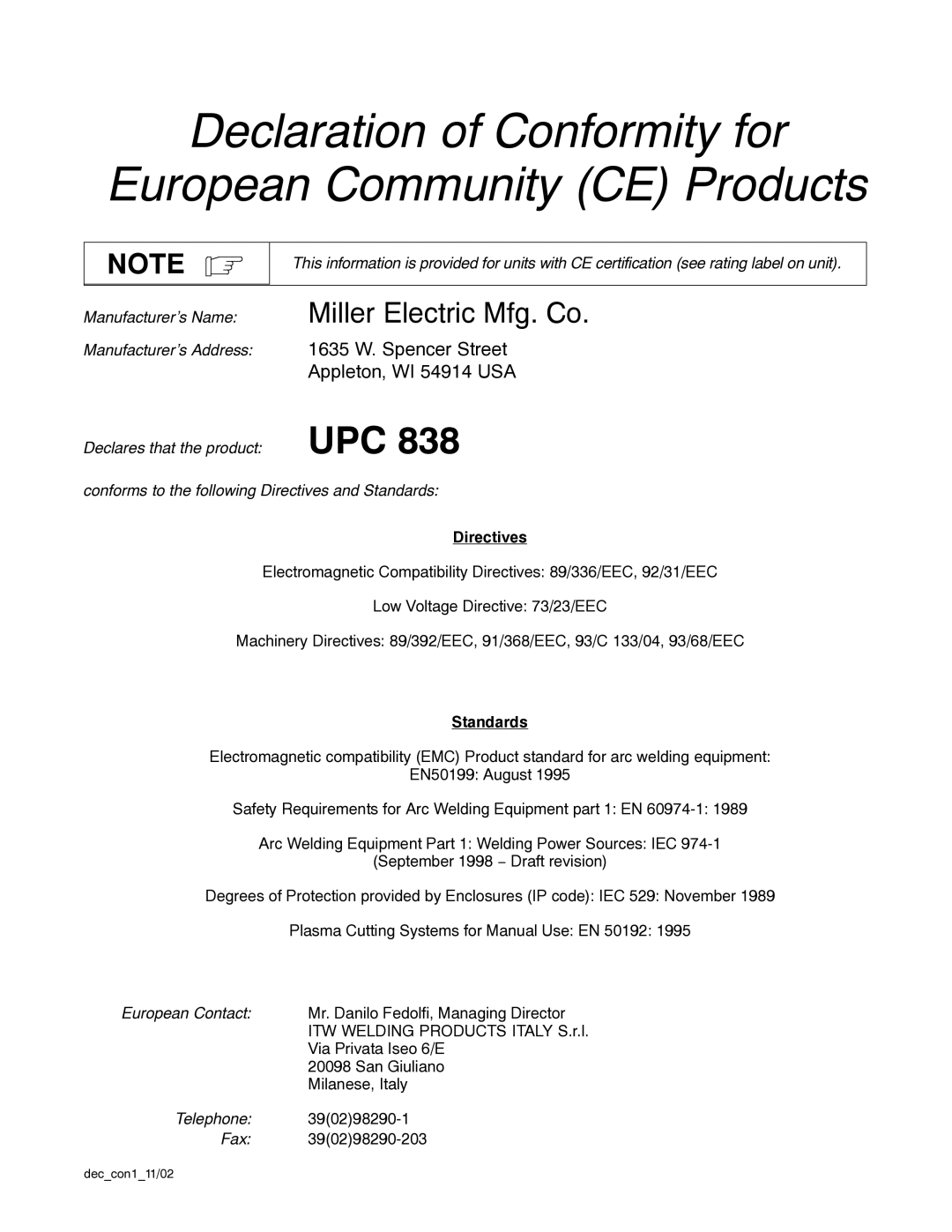 Miller Electric UPC 838 manual Directives, Standards 