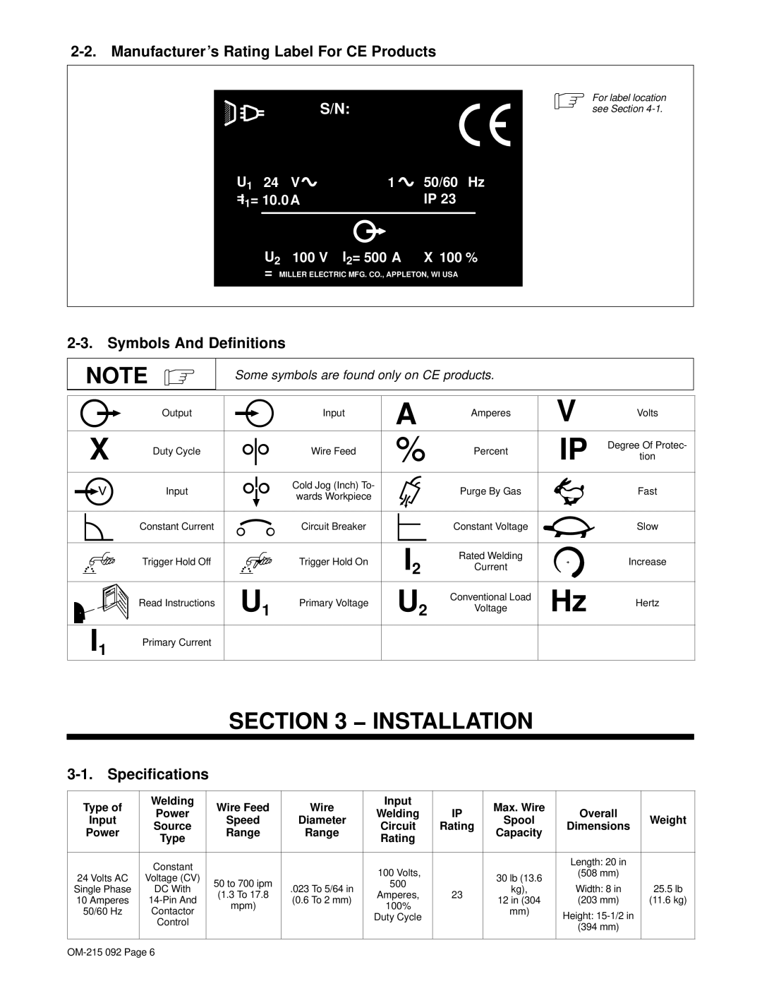 Miller Electric UWF-SC12RC manual Installation, Manufacturer’s Rating Label For CE Products, Symbols And Definitions 