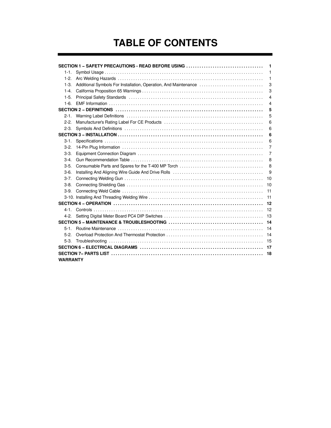 Miller Electric UWF-SC12RC manual Table of Contents 