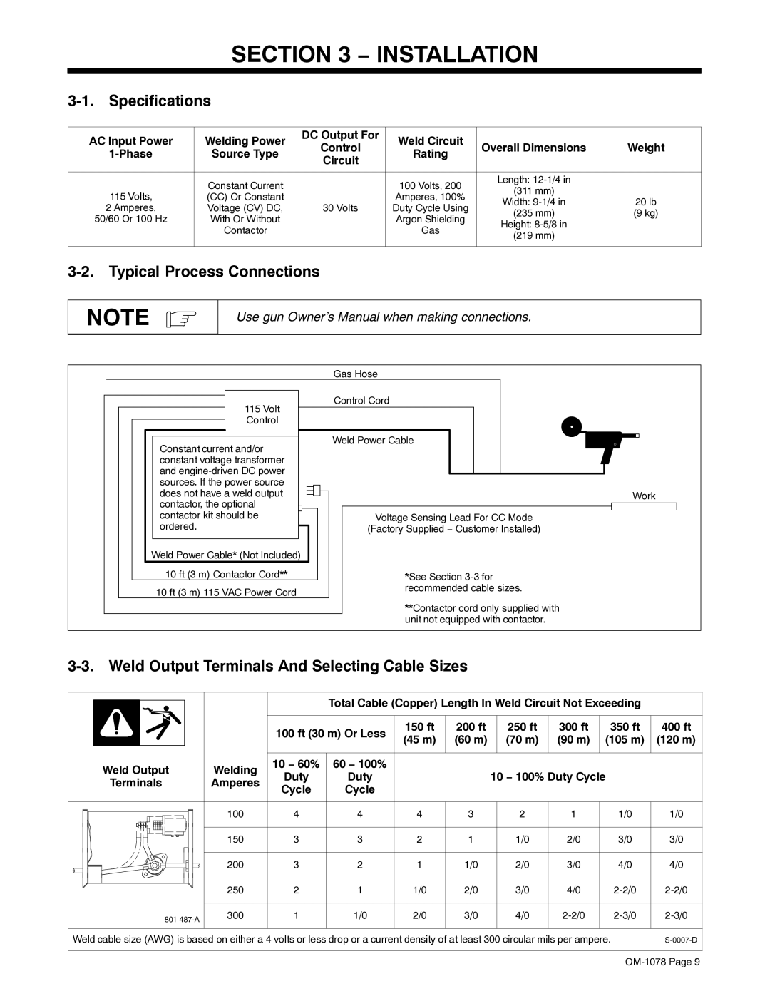 Miller Electric WC-115A manual Installation, Specifications, Typical Process Connections 