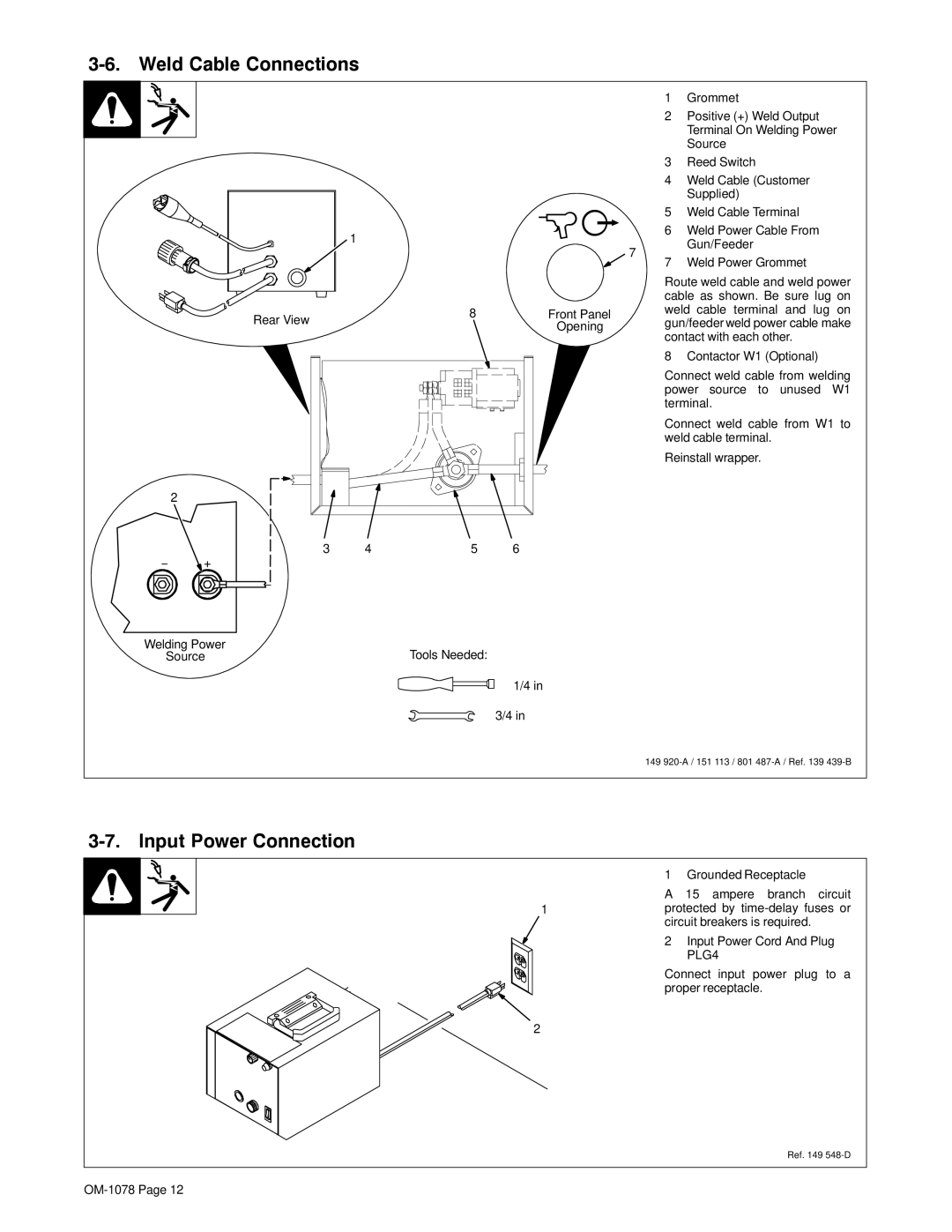 Miller Electric WC-115A manual Weld Cable Connections, Input Power Connection 