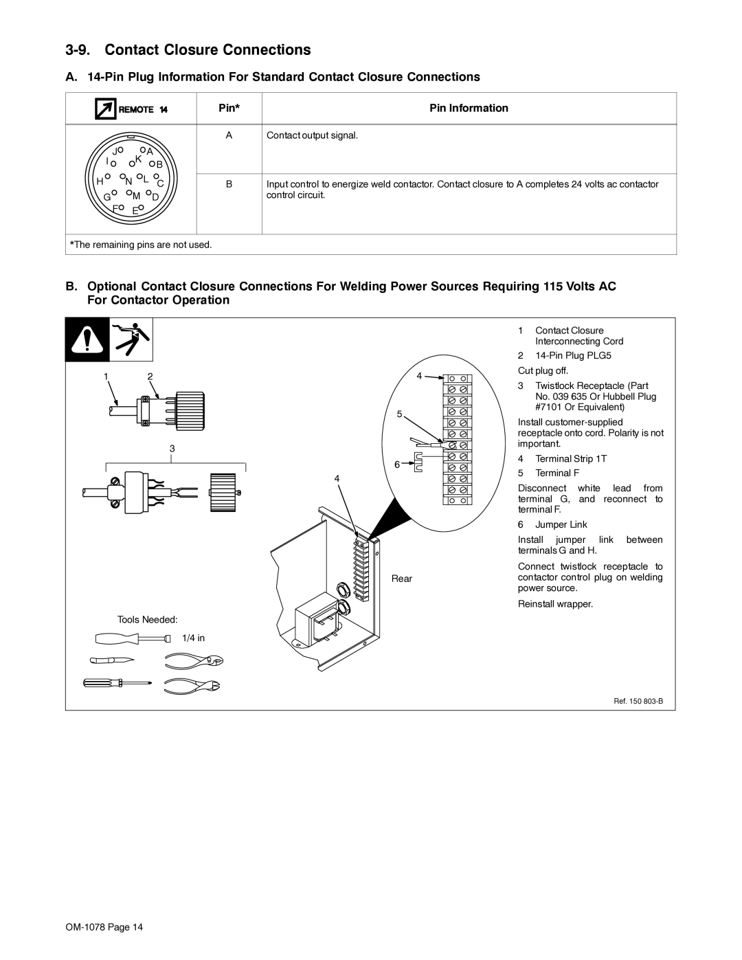 Miller Electric WC-115A manual Contact Closure Connections, Pin Pin Information 