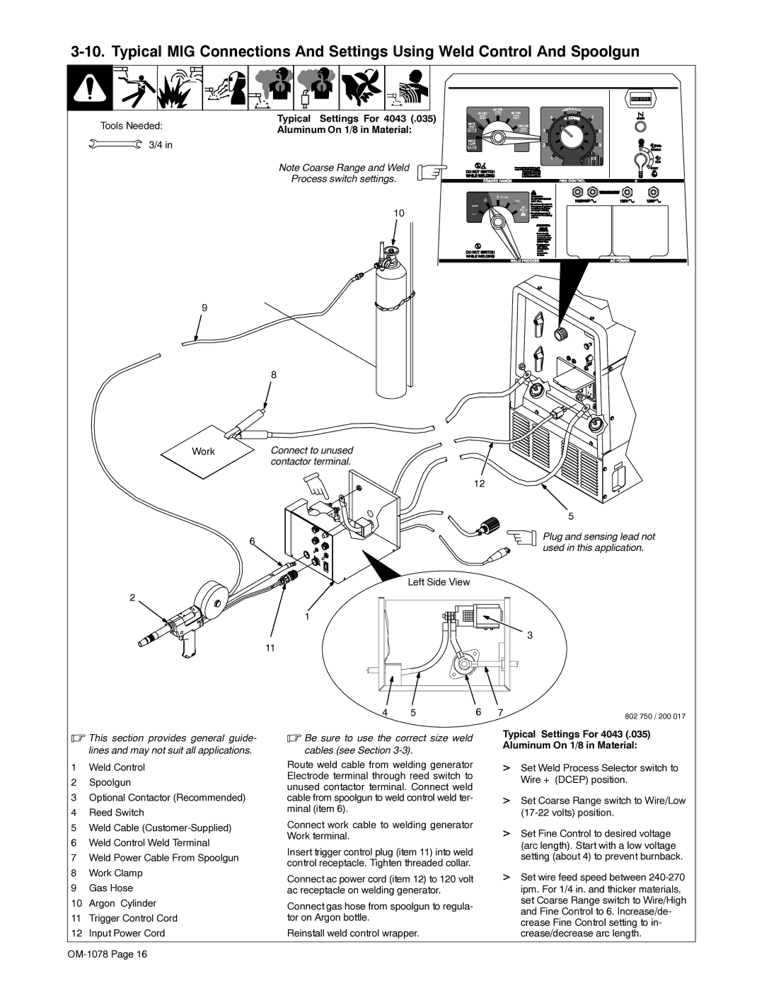 Miller Electric WC-115A manual Typical Settings For 4043, Aluminum On 1/8 in Material 