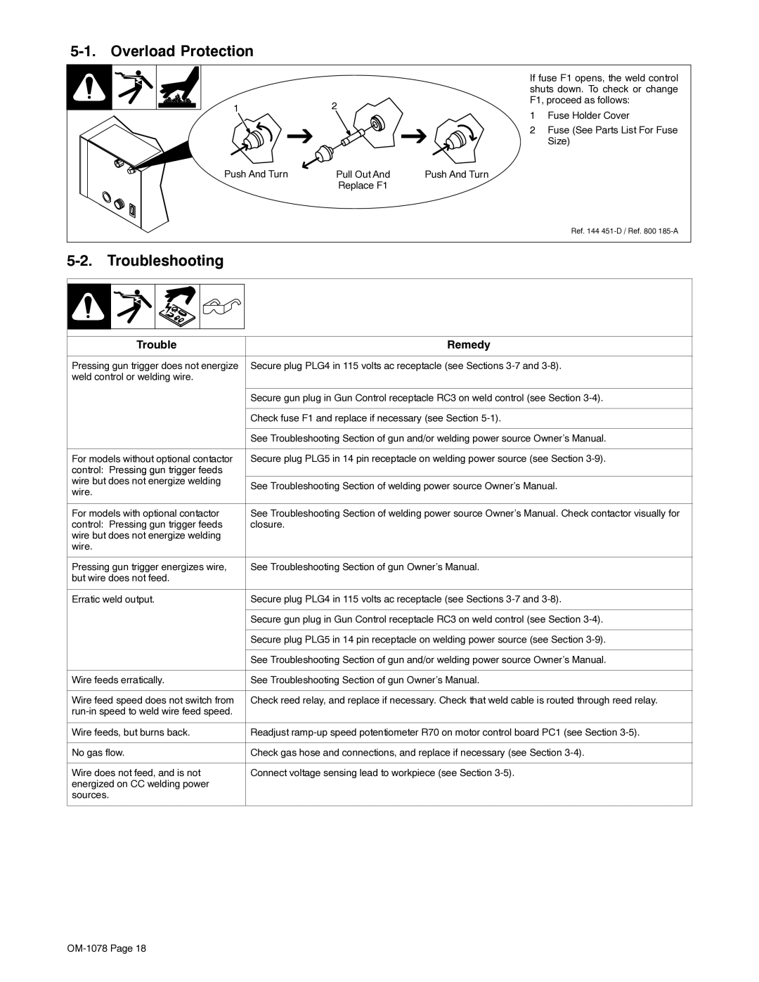 Miller Electric WC-115A manual Overload Protection, Troubleshooting 