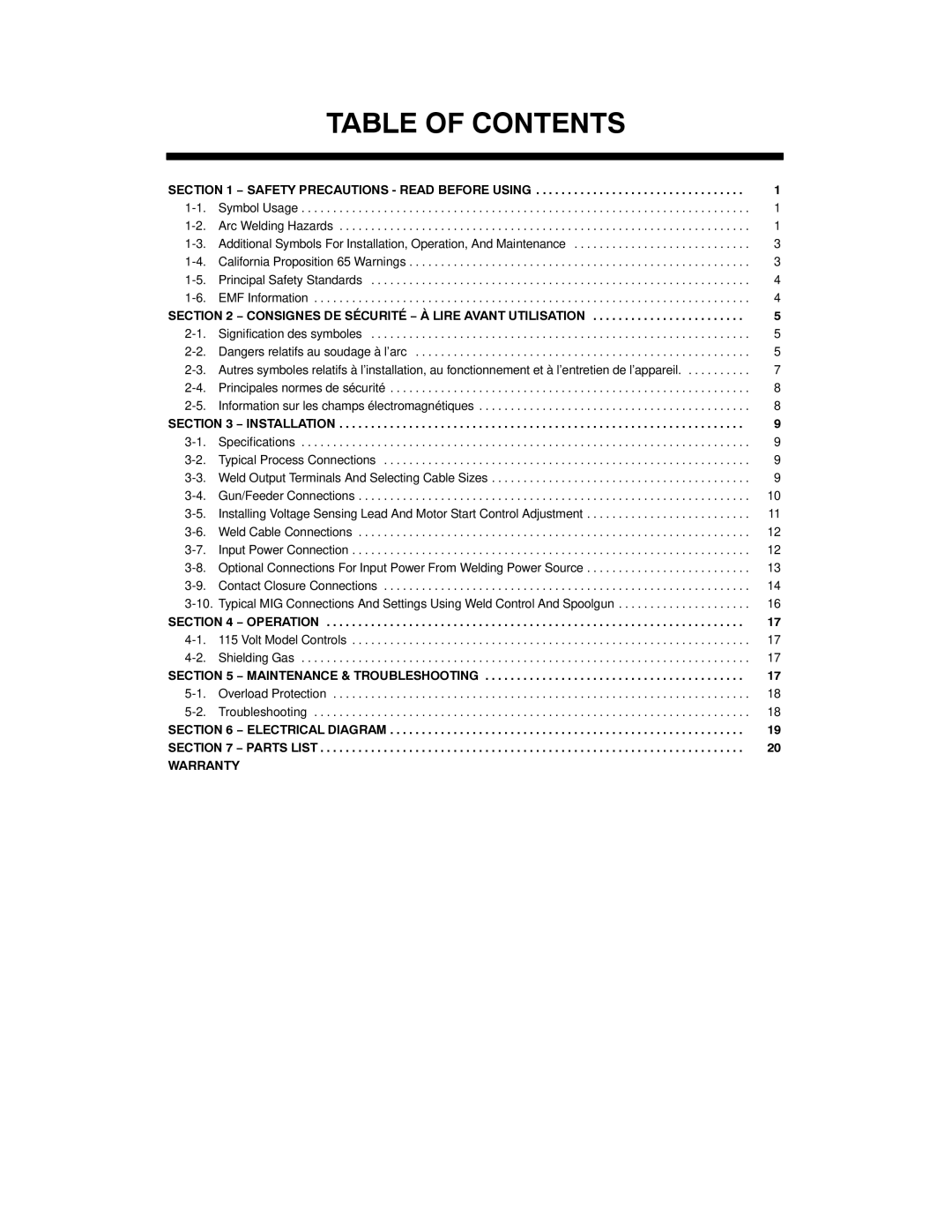 Miller Electric WC-115A manual Table of Contents 