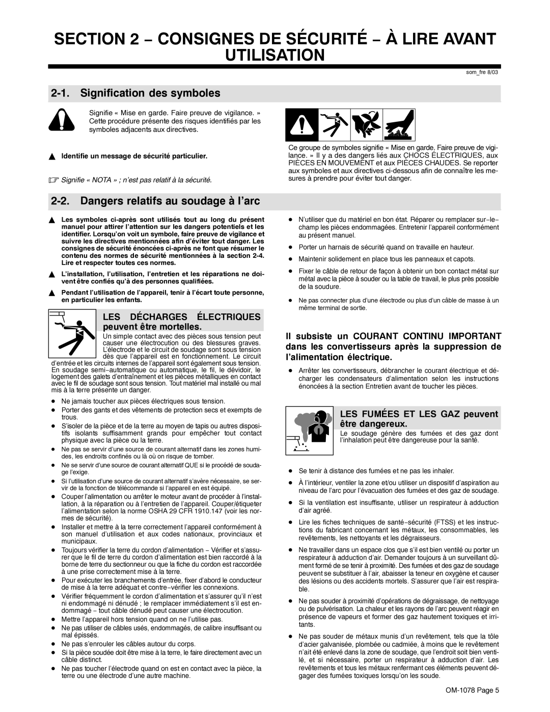 Miller Electric WC-115A manual Consignes DE Sécurité − À Lire Avant Utilisation, Signification des symboles 