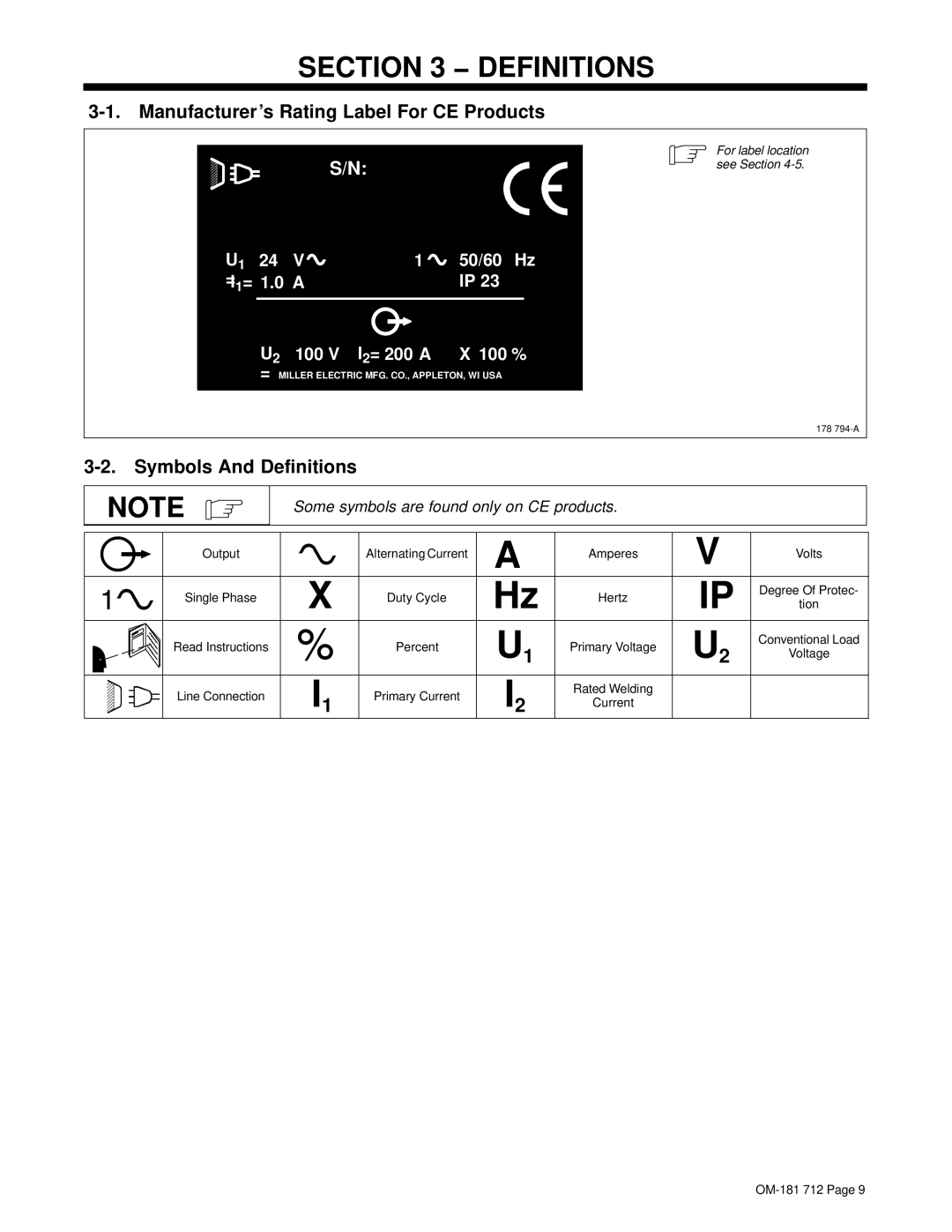 Miller Electric WC-24 manual Manufacturer’s Rating Label For CE Products, Symbols And Definitions 