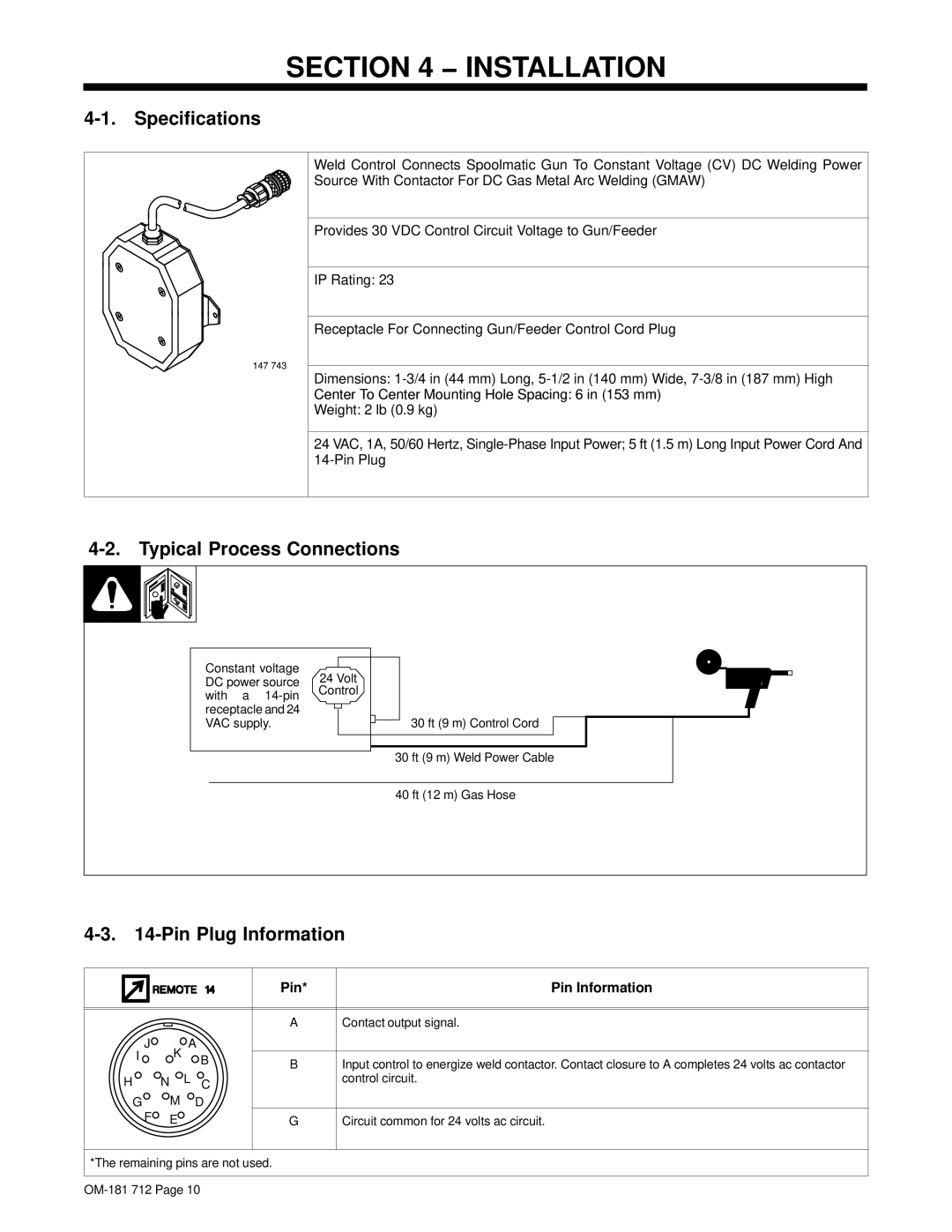 Miller Electric WC-24 manual Installation, Specifications, Typical Process Connections, Pin Plug Information 