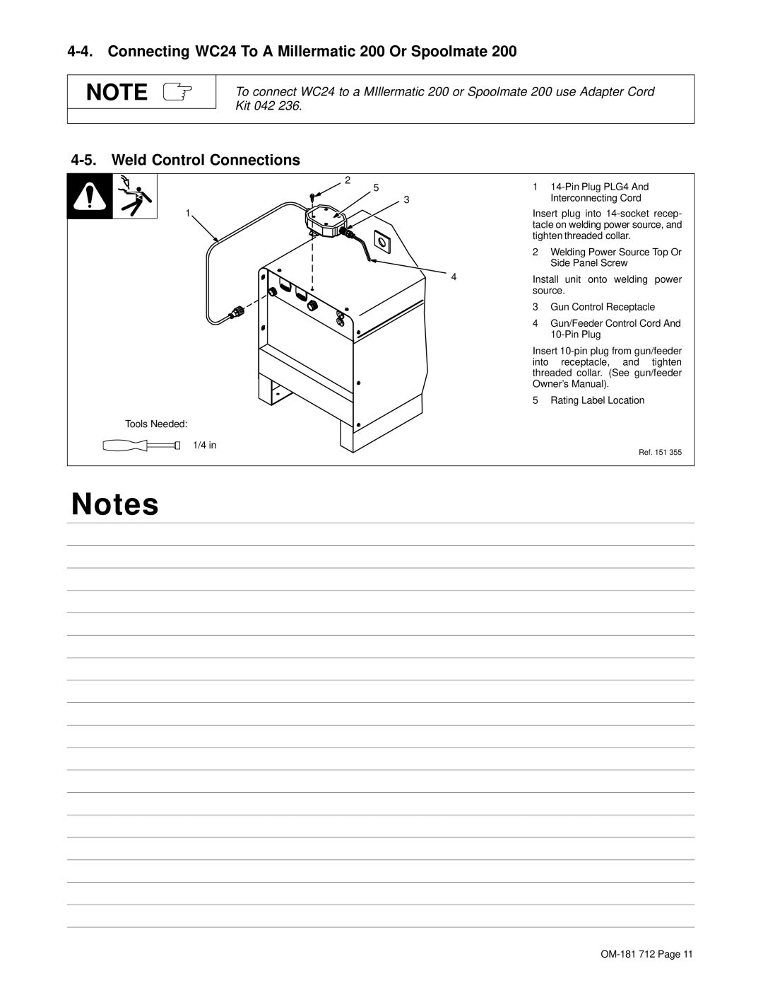 Miller Electric WC-24 manual Connecting WC24 To a Millermatic 200 Or Spoolmate, Weld Control Connections 