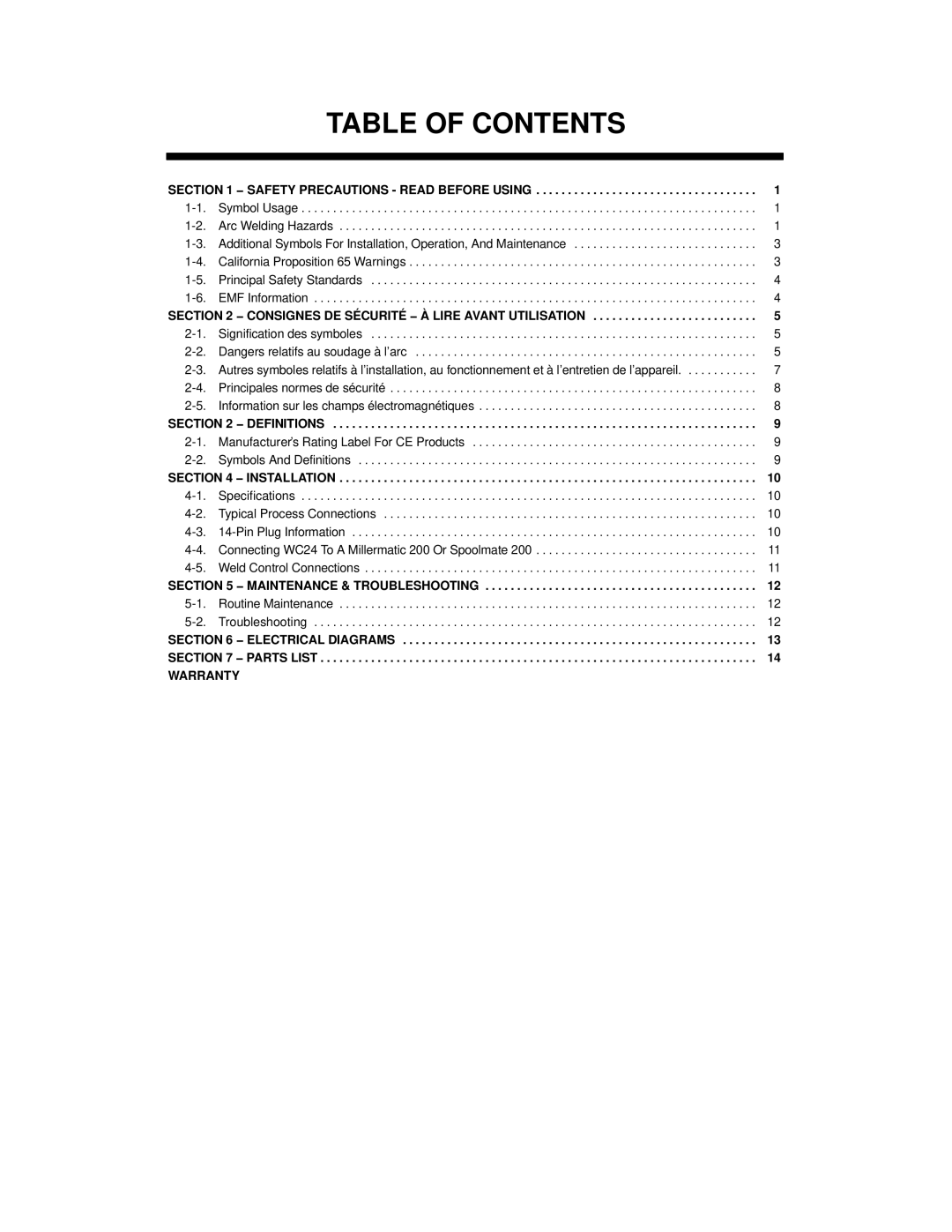 Miller Electric WC-24 manual Table of Contents 