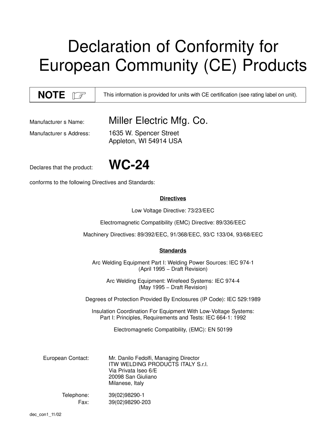Miller Electric WC-24 manual Directives, Standards 