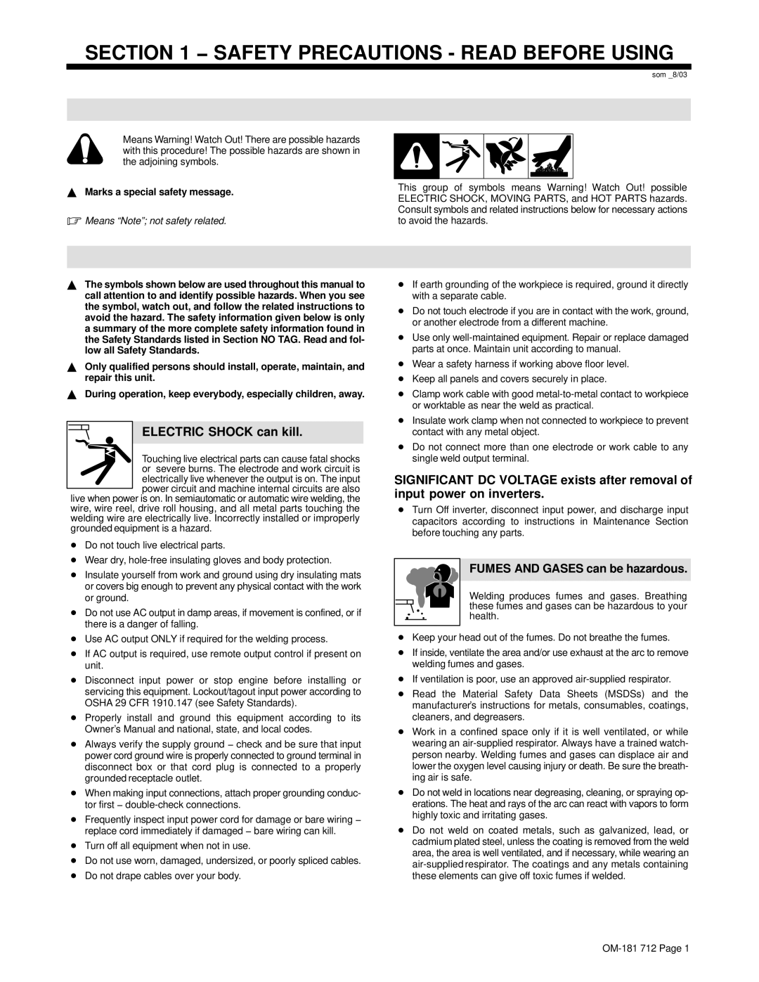 Miller Electric WC-24 manual Electric Shock can kill, Fumes and Gases can be hazardous, Marks a special safety message 