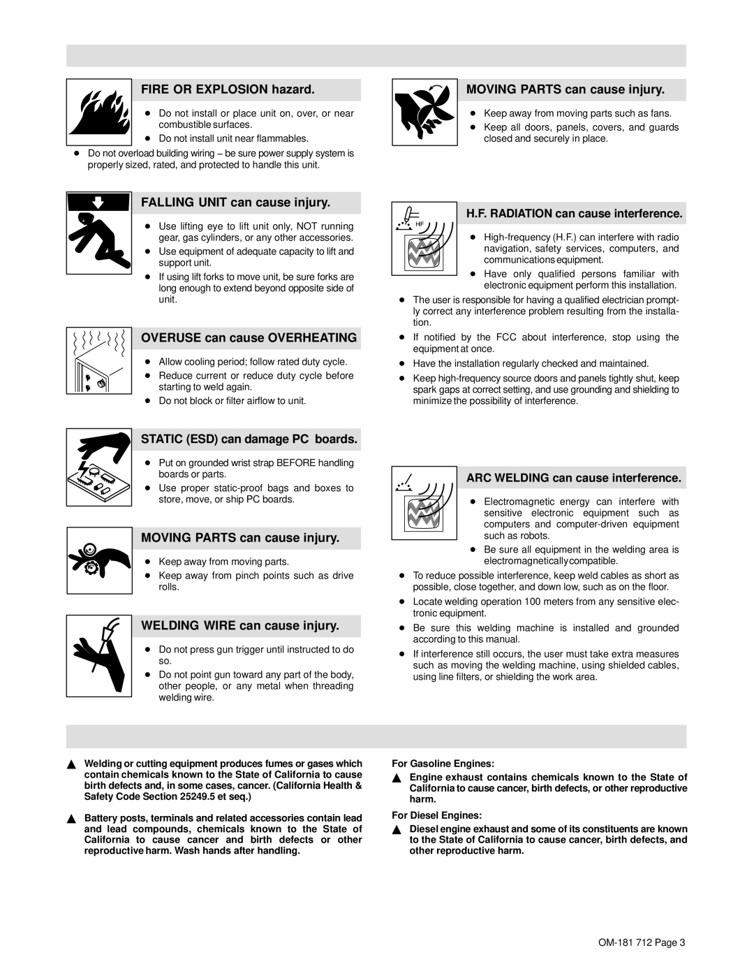 Miller Electric WC-24 manual Fire or Explosion hazard, Moving Parts can cause injury, Falling Unit can cause injury 