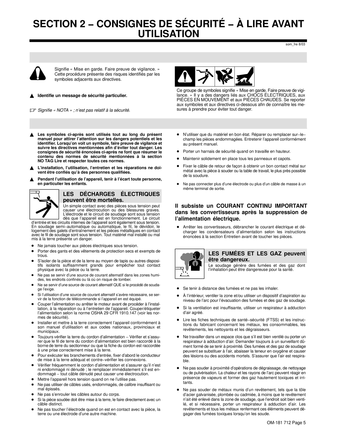 Miller Electric WC-24 manual LES Décharges Électriques peuvent être mortelles, Identifie un message de sécurité particulier 