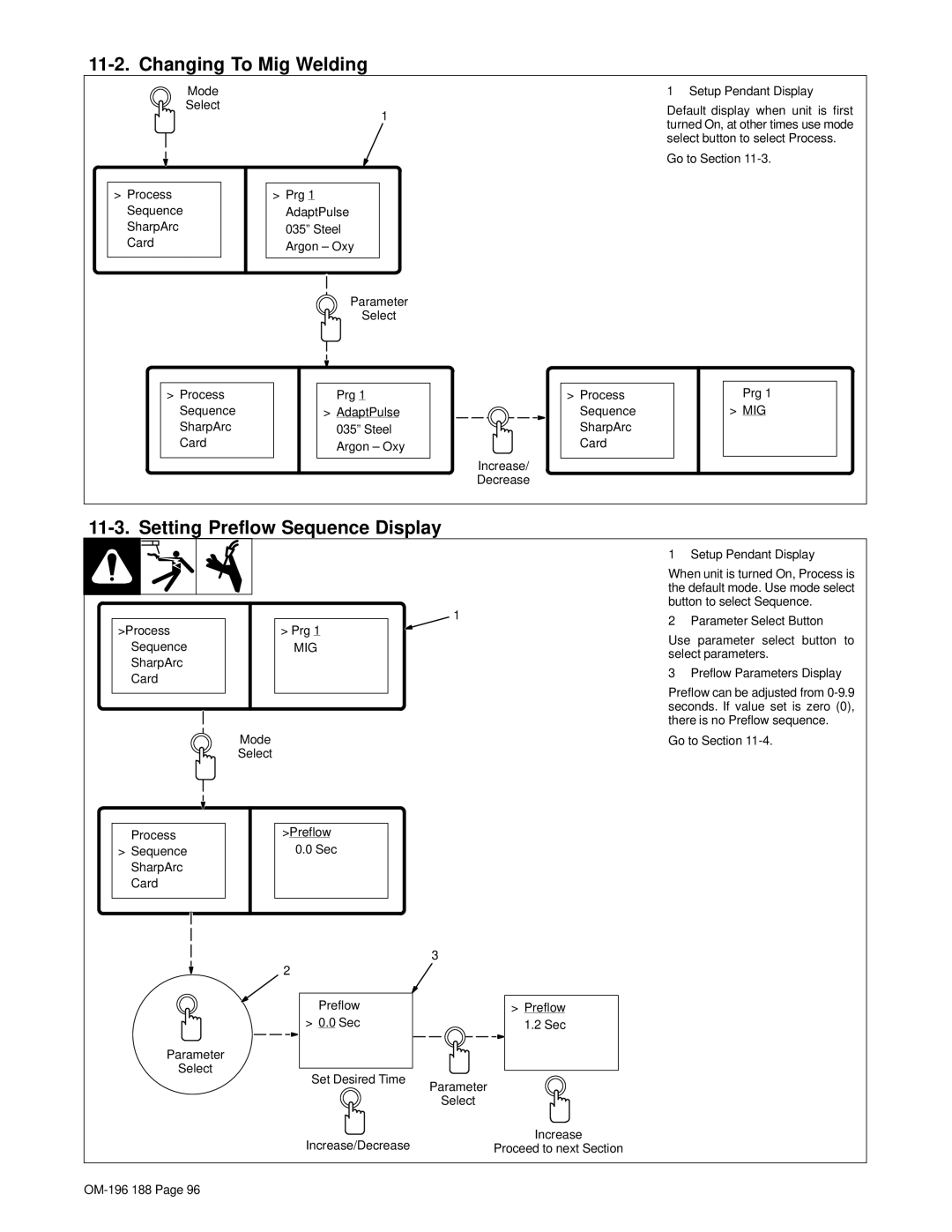 Miller Electric Welder operating instructions Changing To Mig Welding, Setting Preflow Sequence Display 