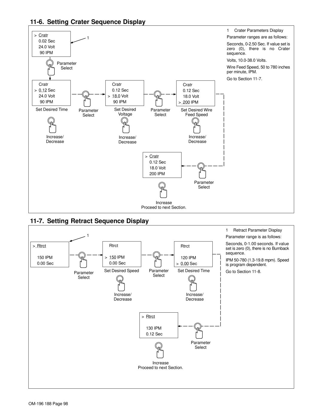 Miller Electric Welder operating instructions Setting Crater Sequence Display, Setting Retract Sequence Display 