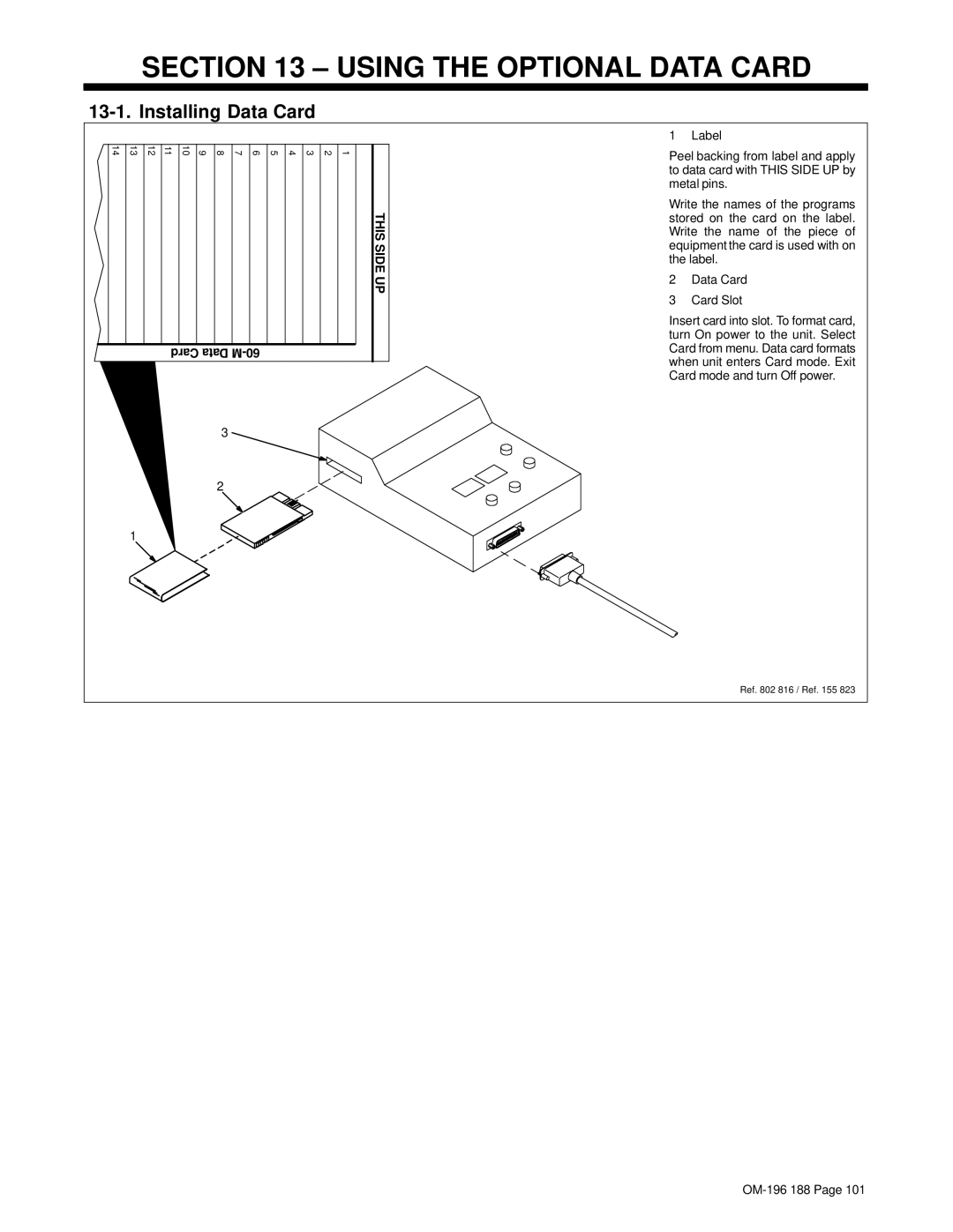 Miller Electric Welder operating instructions Using the Optional Data Card, Installing Data Card 