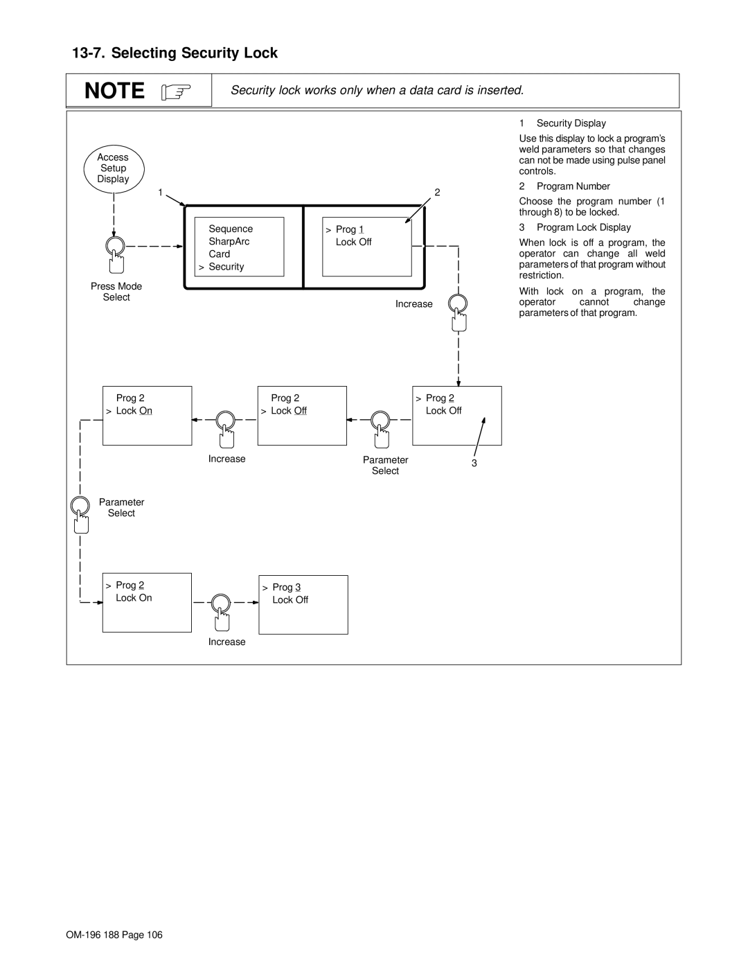 Miller Electric Welder Selecting Security Lock, Security lock works only when a data card is inserted 