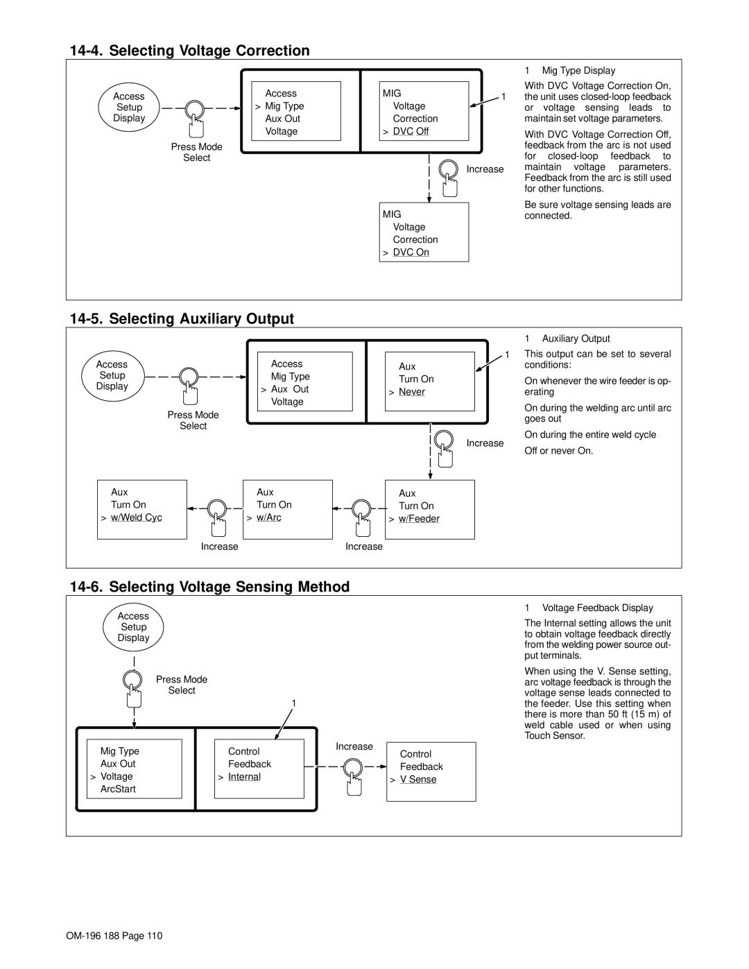 Miller Electric Welder Selecting Voltage Correction, Selecting Auxiliary Output, Selecting Voltage Sensing Method 