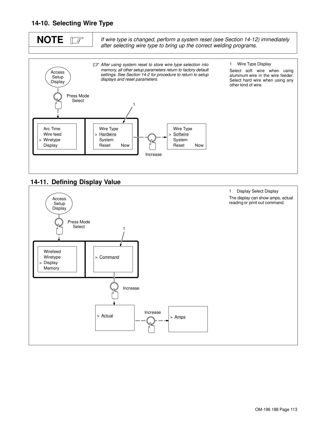 Miller Electric Welder operating instructions Selecting Wire Type, Defining Display Value 