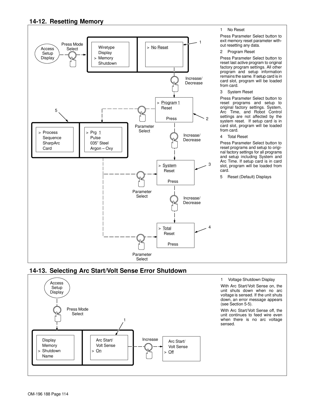 Miller Electric Welder operating instructions Resetting Memory, Selecting Arc Start/Volt Sense Error Shutdown 